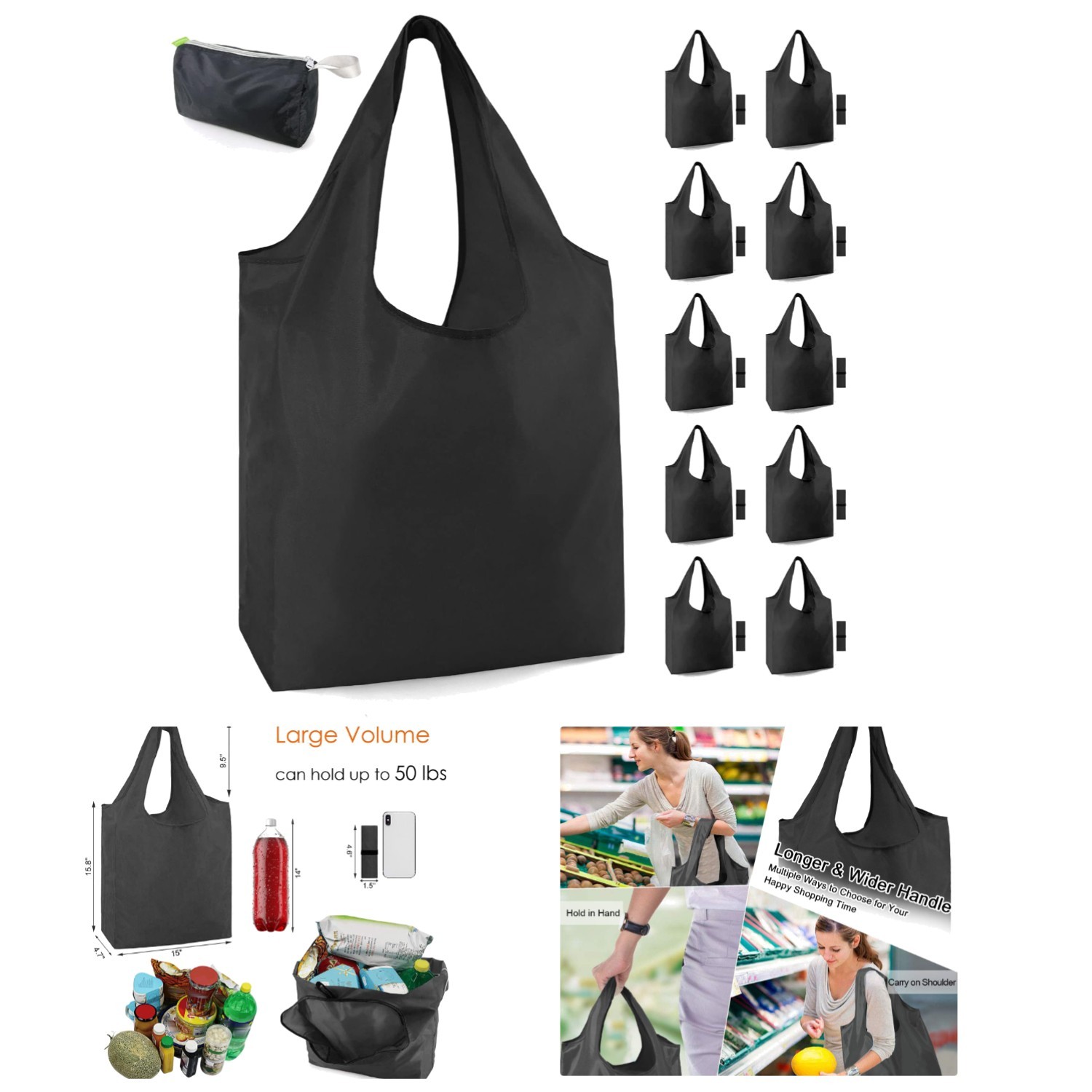 Bulk Set: 10 Black Reusable Grocery Bags, 50LBS Capacity, Machine Washable
