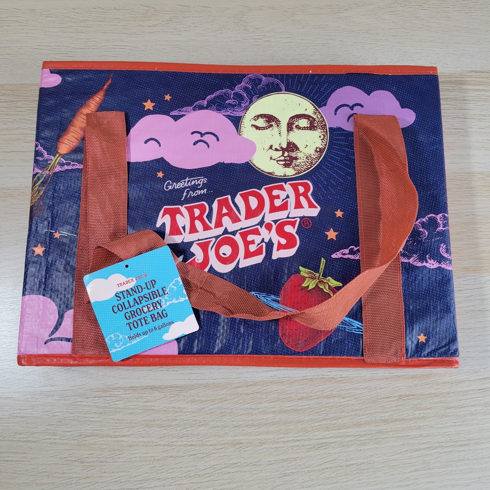 Trader Joes Stand Up Collapsible Reusable Grocery Tote Shopping Bag Moon NEW