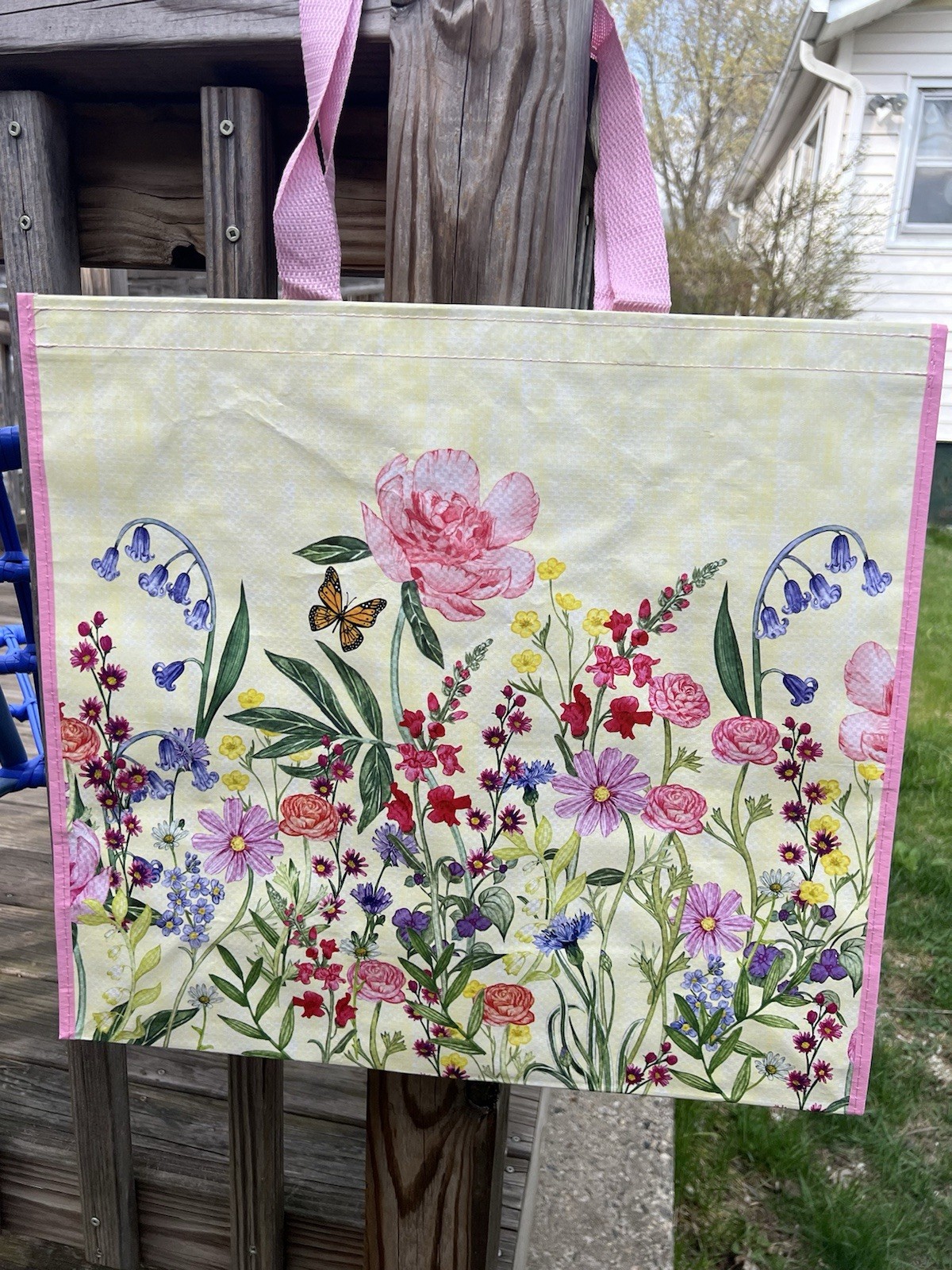 Reusable Floral Tote Bag 19.5×18 Pink Handles Eco Friendly Shopping Bag Spring