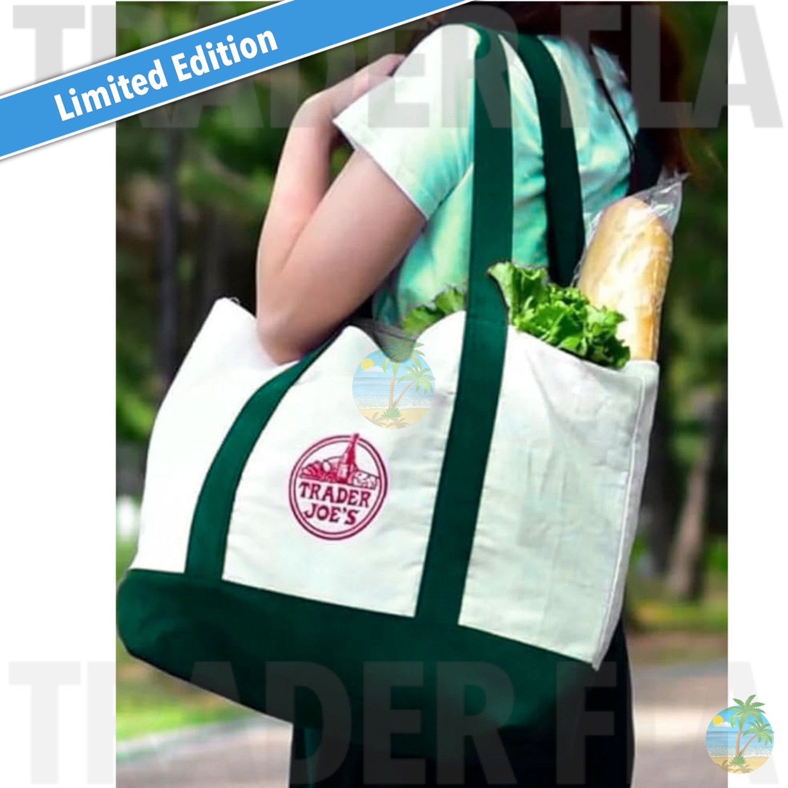 Trader Joe’s LARGE Canvas Tote Shopping Bag 🔥 Limted Edition Green 🔥 Brand New