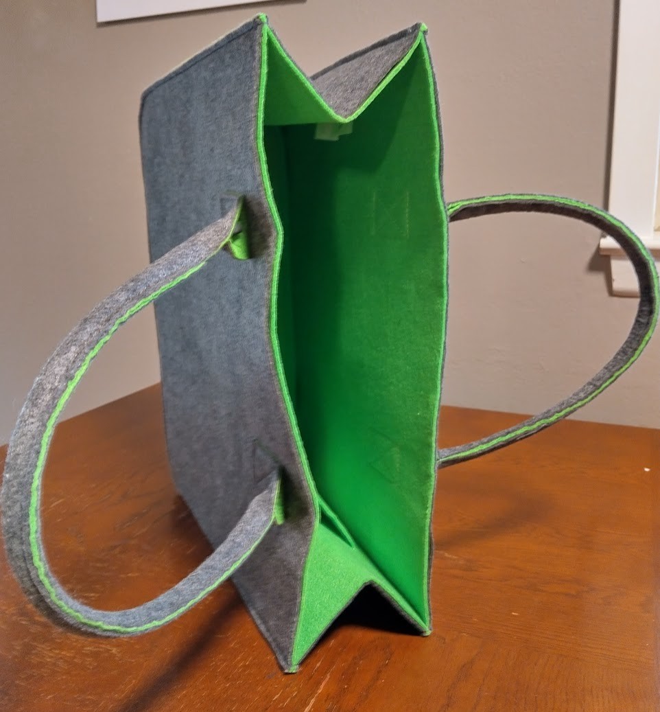 Grey and lime felt reusable shopping bag double handle tote