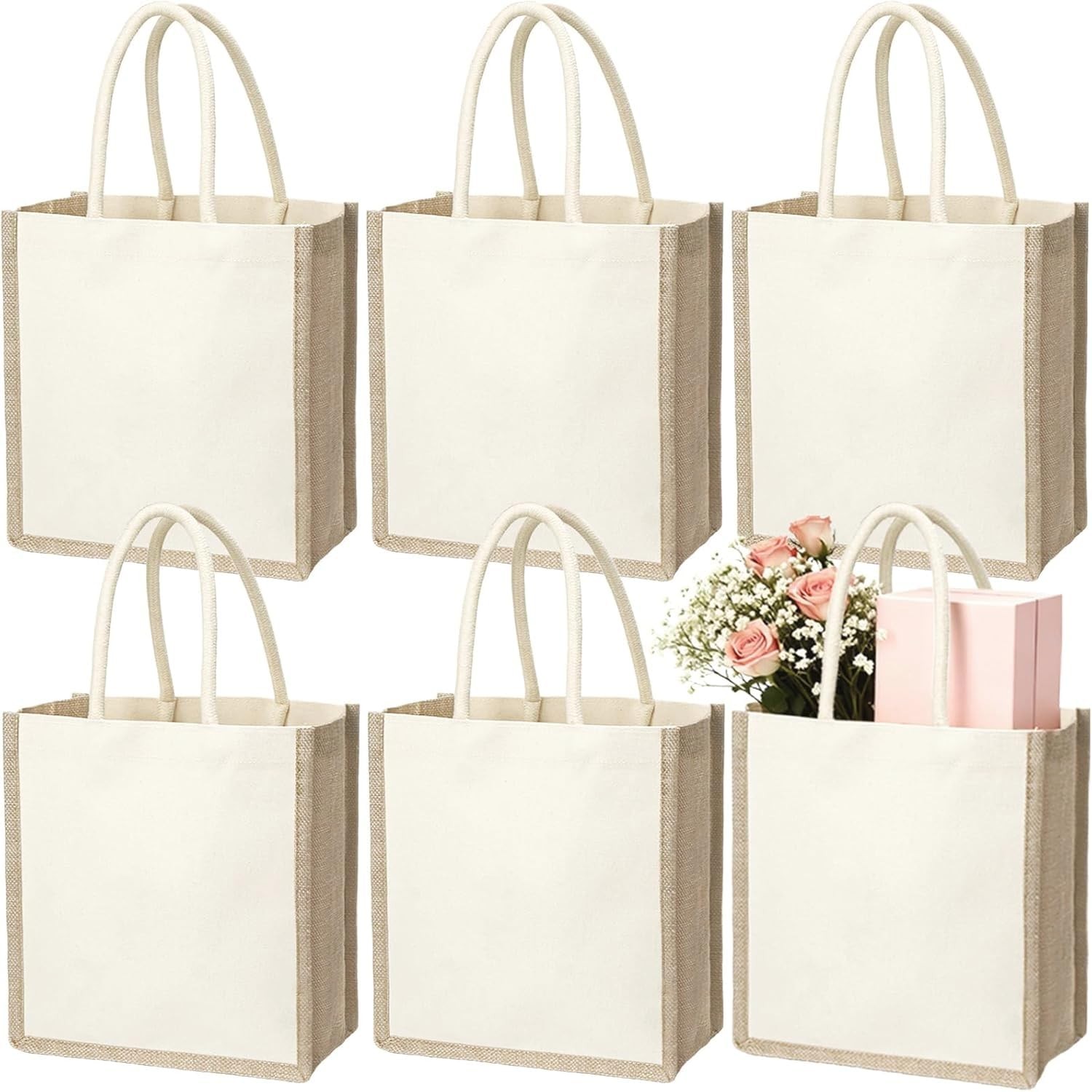 6 Pack Burlap Tote Bags, Reusable Jute Gift Tote with Handles, Small Beach Ba…