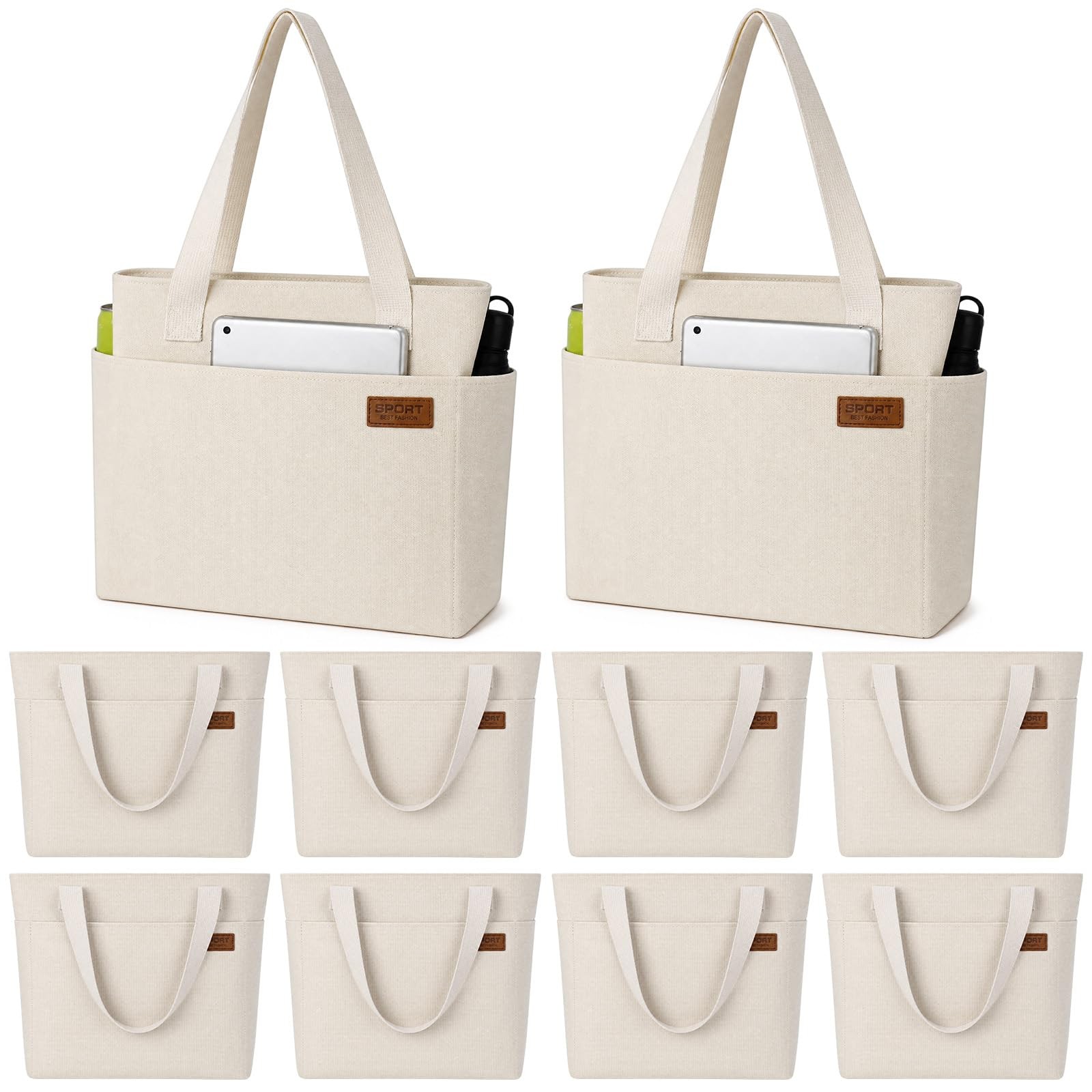 White Canvas Zippered Totes (10-Pc Set) for Women – Reusable Shoulder Bags