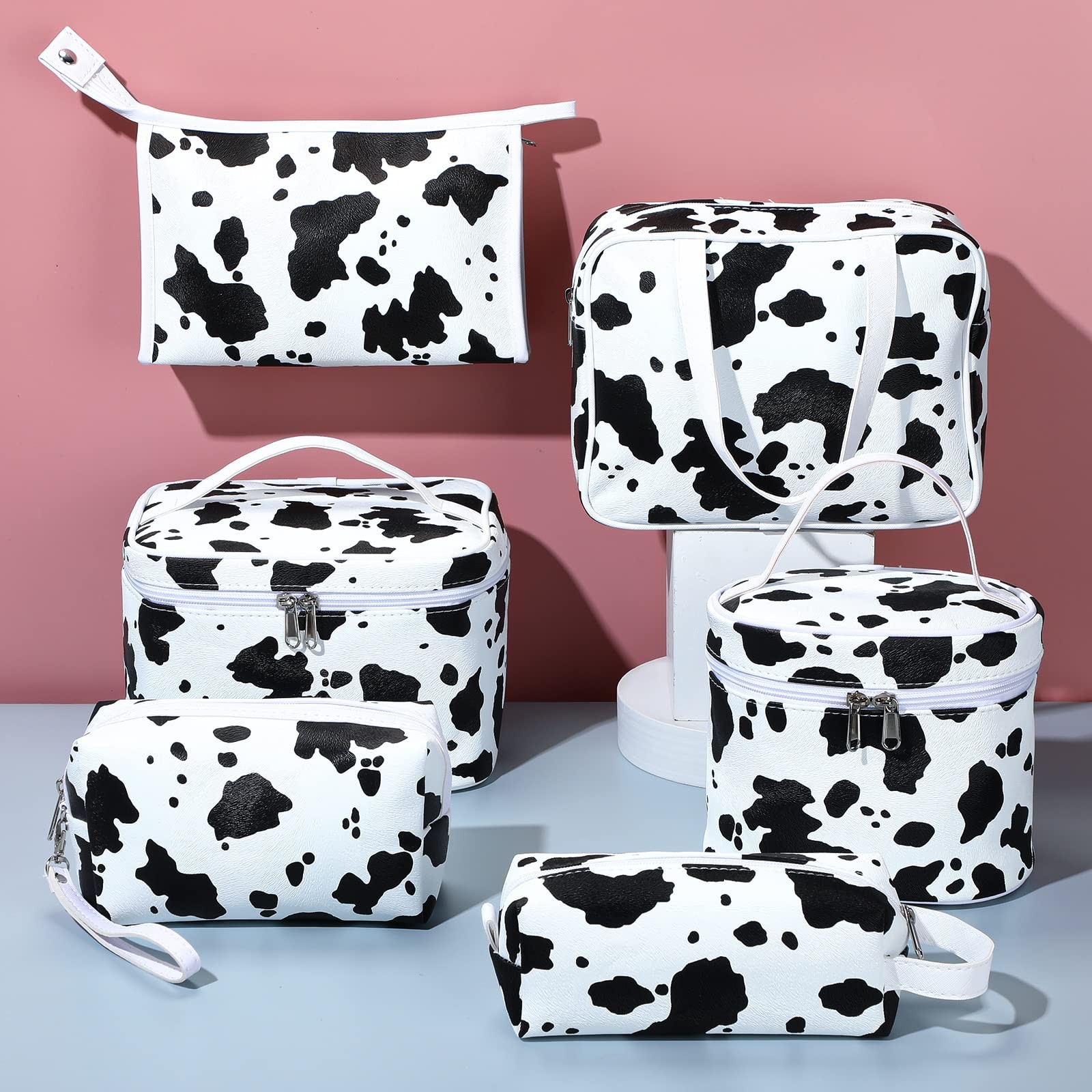 Saintrygo Set of 6 Makeup Bag Travel Cosmetic Cow Print Black