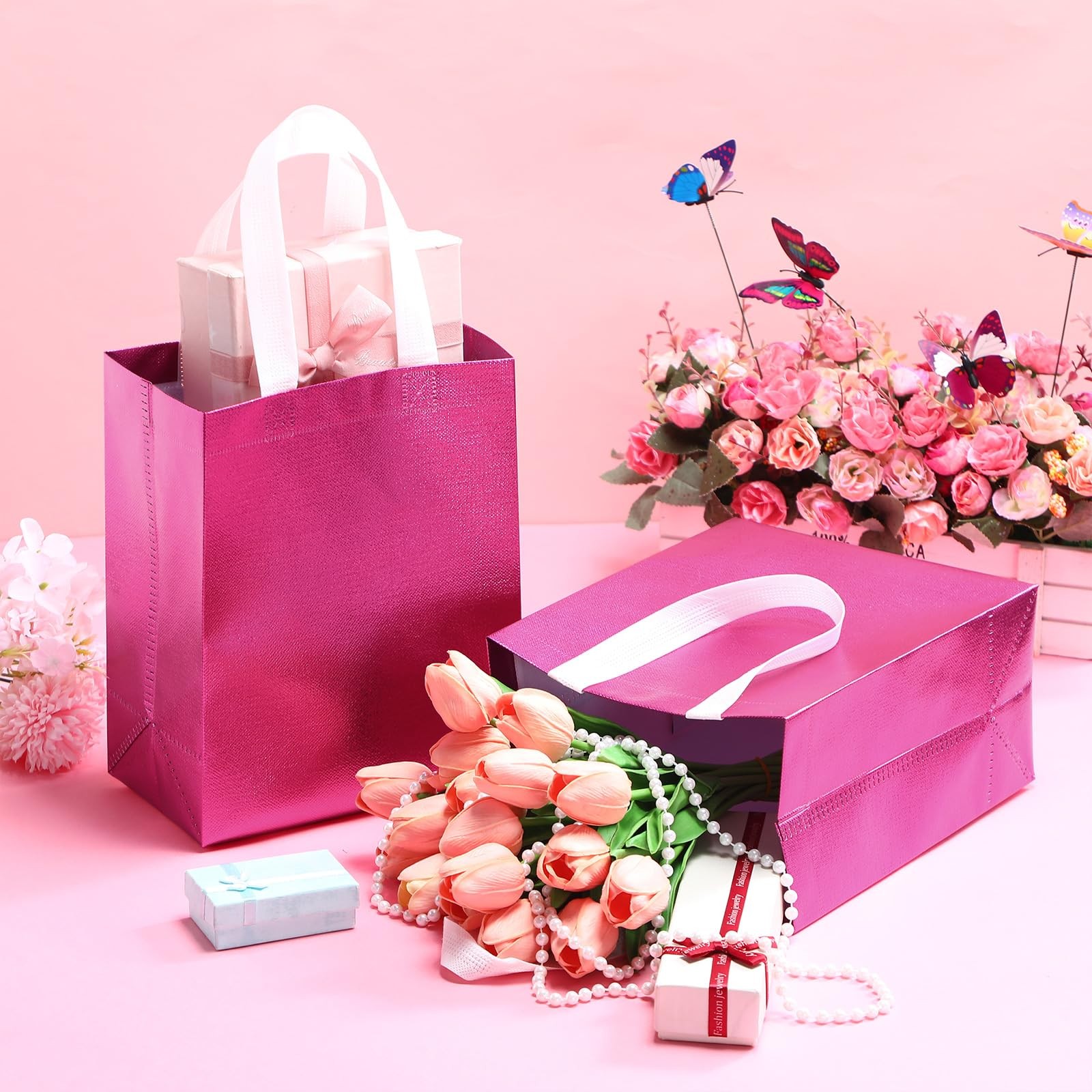 80 Pcs Reusable Gift Bags Set Glossy Grocery Gift Tote with Handle for Weddin…