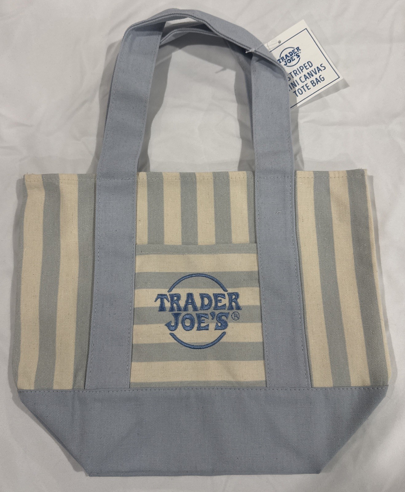 Trader Joe’s Striped Mini Canvas Tote Bag Pastel Blue 13x6x11 in