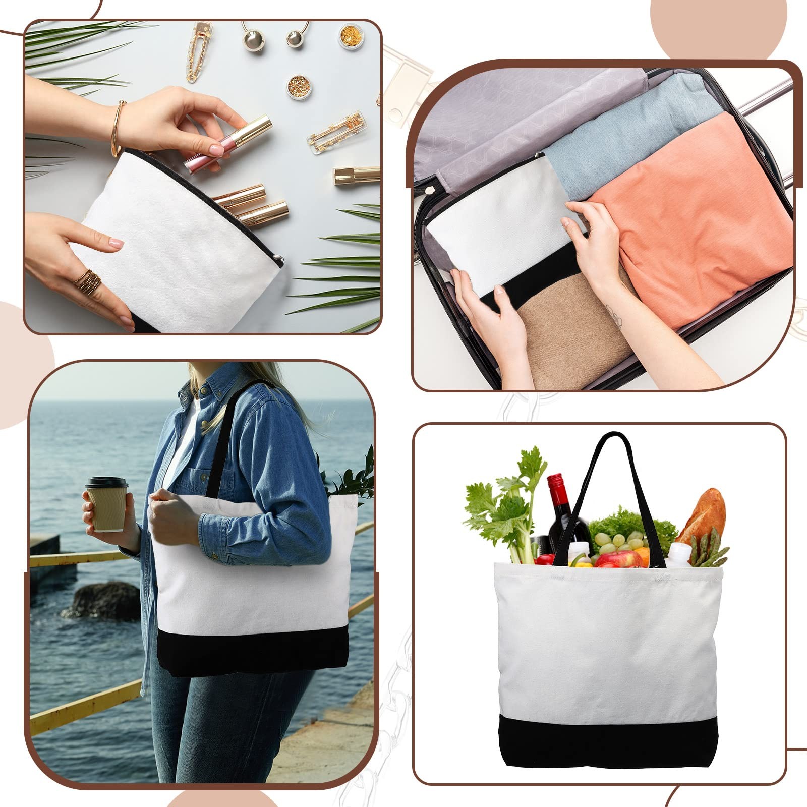 20 Pcs Large Blank Canvas Tote Bags and Makeup Bags Blank Reusable Grocery Lu…