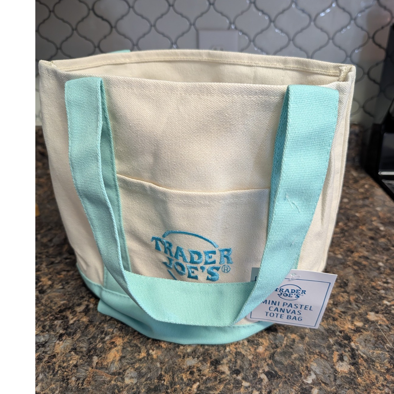 Trader Joe’s Mini Pastel Canvas Tote Bag Small Foldable Beige Light Blue