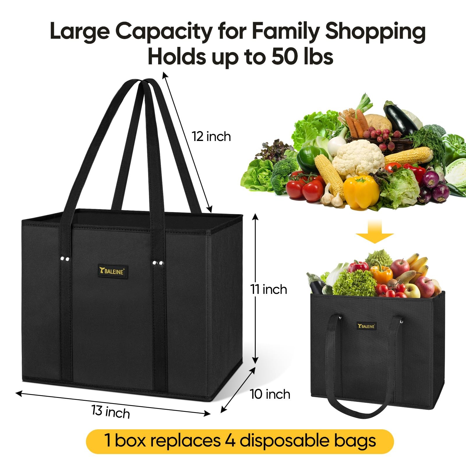 BALEINE 3Pk Reusable Grocery Bags, Foldable Shopping Bags for 3 Pack, Black