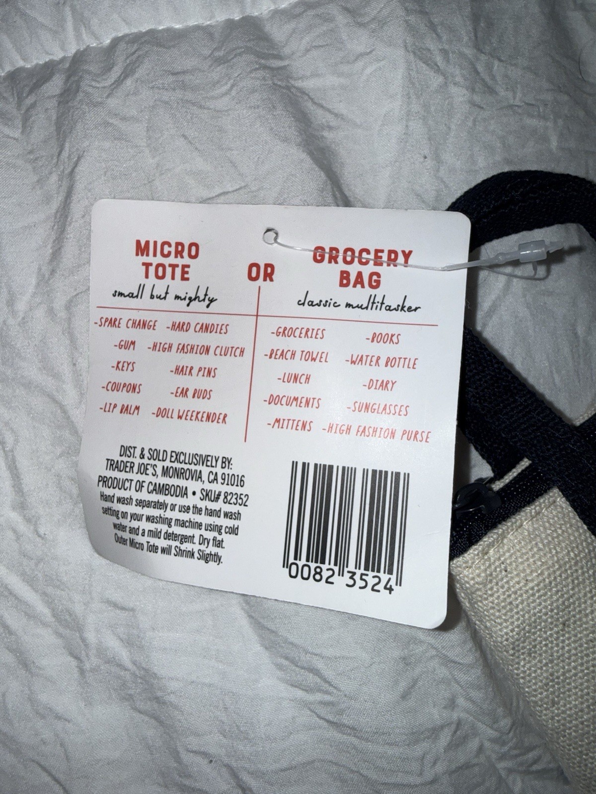 NWT Trader Joe’s Micro Tote Bag One Size White Navy Canvas Bag