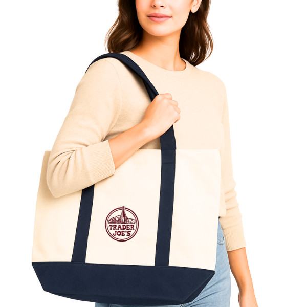 Trader Joe’s Large Canvas Tote Reusable Bag 20.5x14x7″ Blue/White off NEW