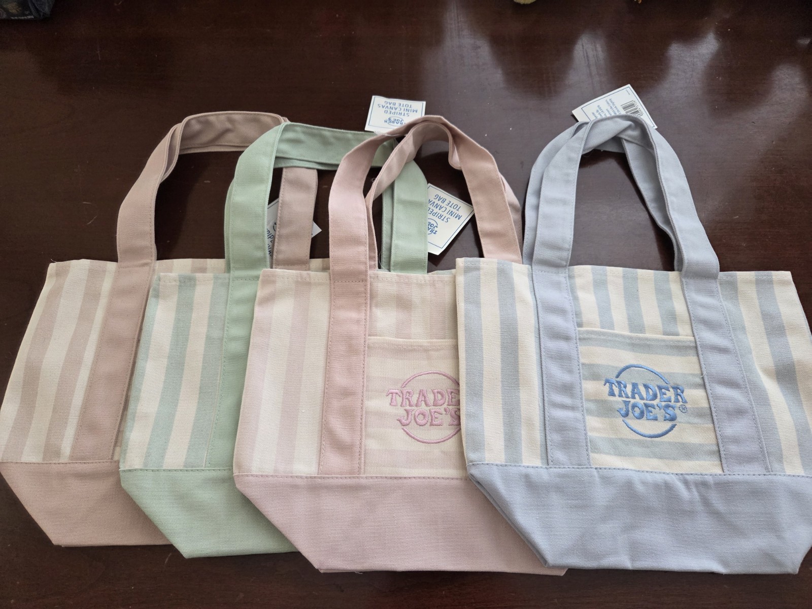 4 x TRADER JOE’S MINI STRIPED BAGS Beige, Blue, Rose & Green NWT