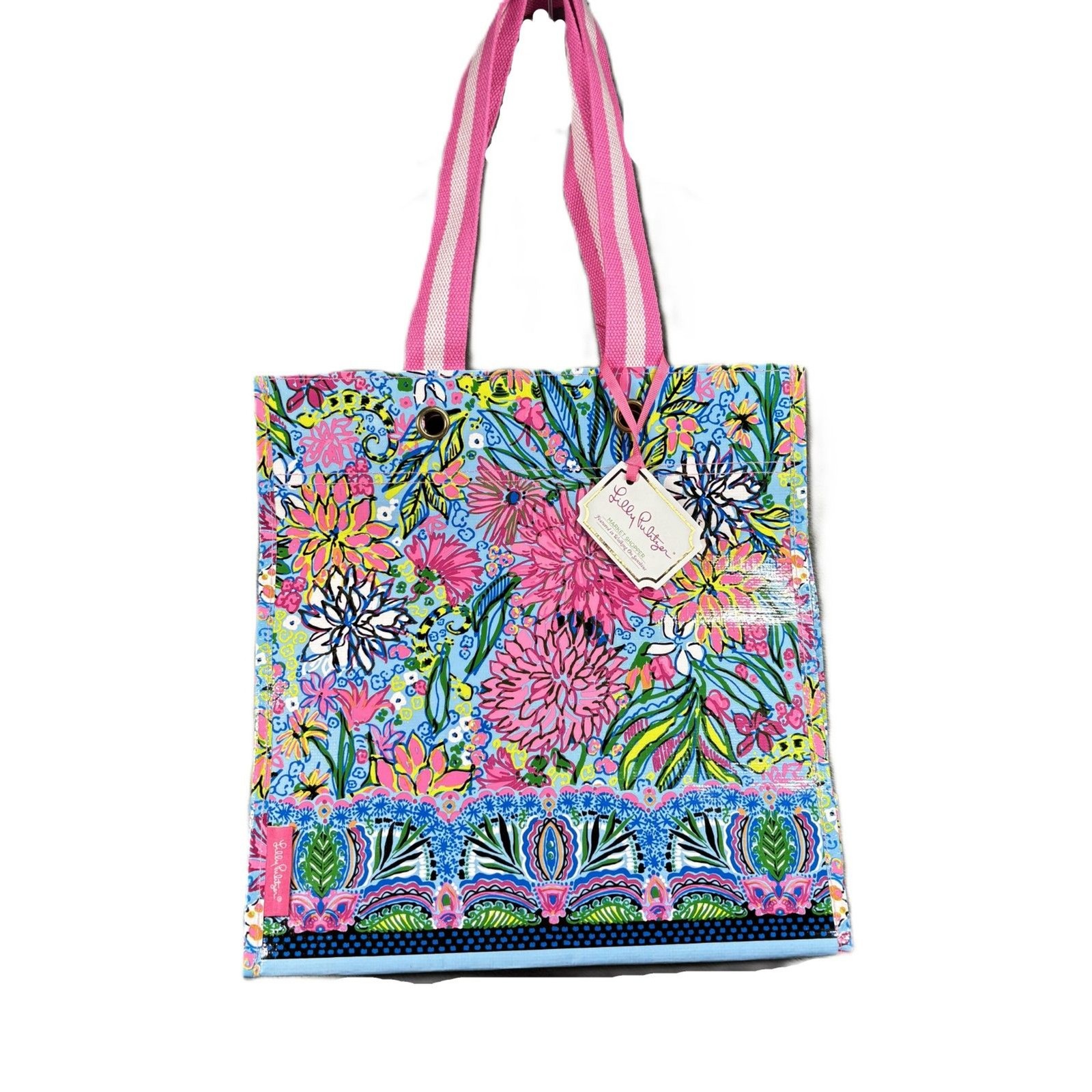 Lilly Pulitzer NWT Market Shopper Bag Reusable Grocery Tote Shoulder Pink Blue
