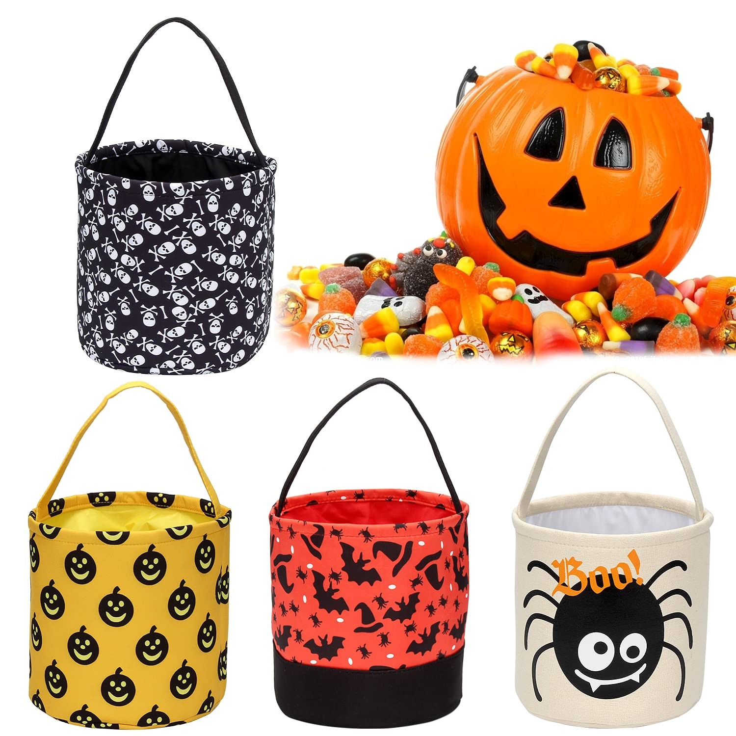 Halloween Trick or Treat Bag Candy Bucket Fabric Tote Gift Candy Bag Skull Pu…