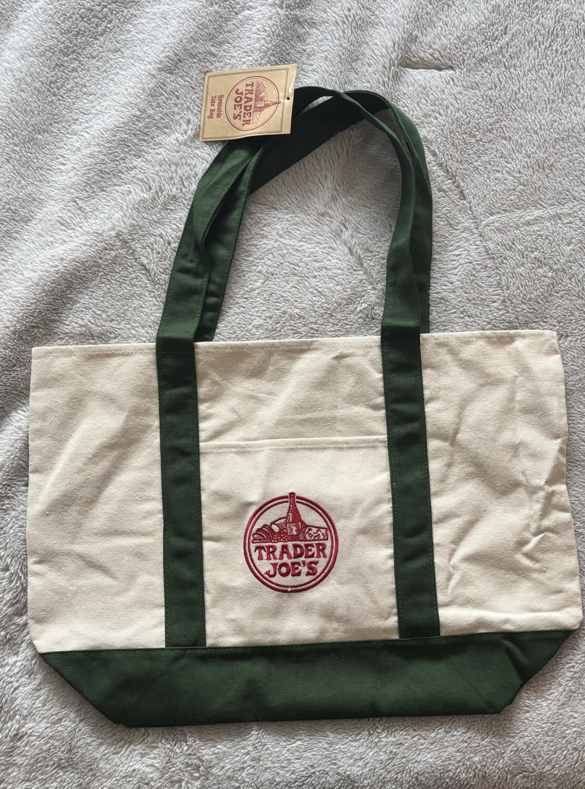 Trader Joe’s Foldable Canvas Reusable Tote Bag Solid Beige Green Single Pack