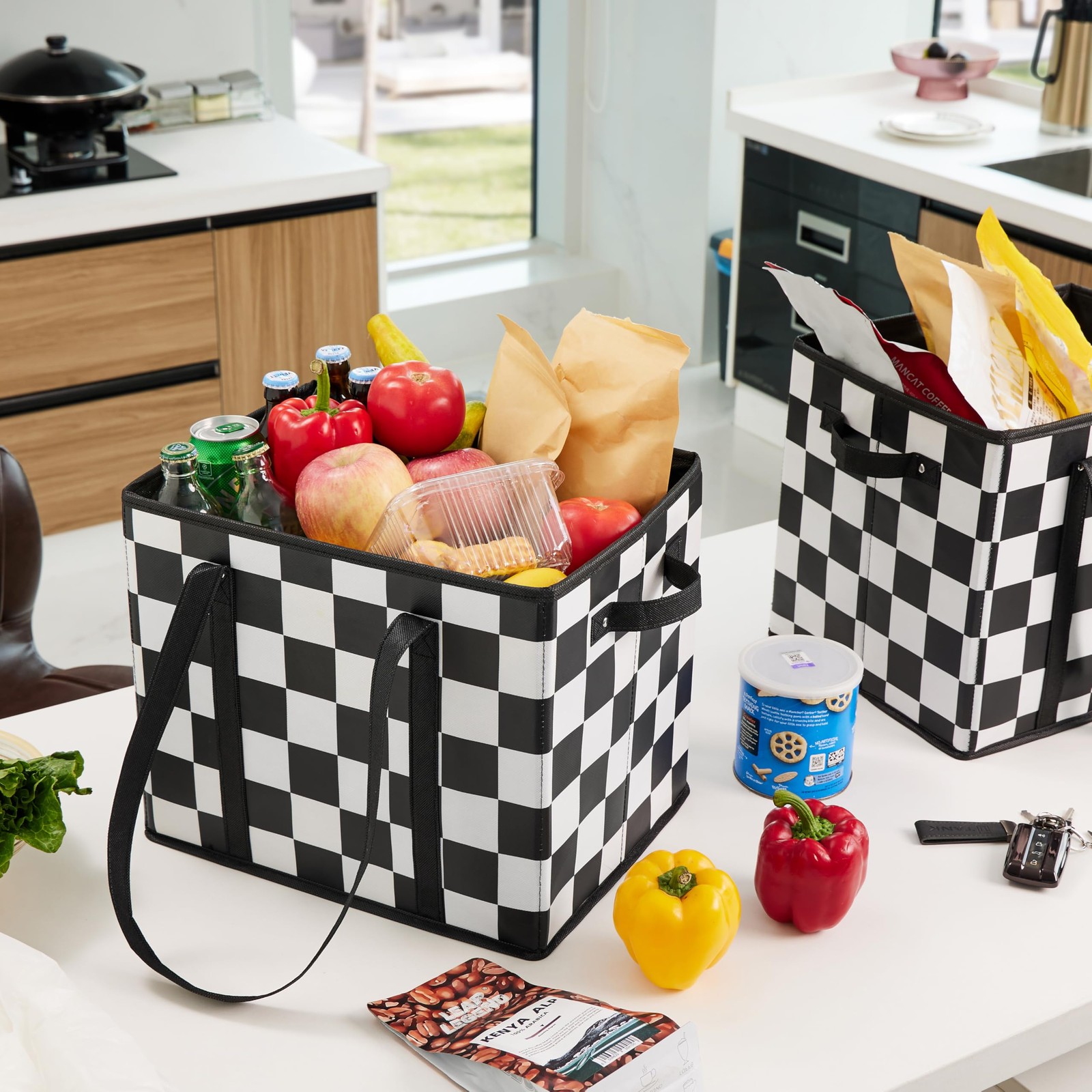 Checkered Reusable Grocery Bags Heavy Duty Black and White Checkerboard 3 Pac…