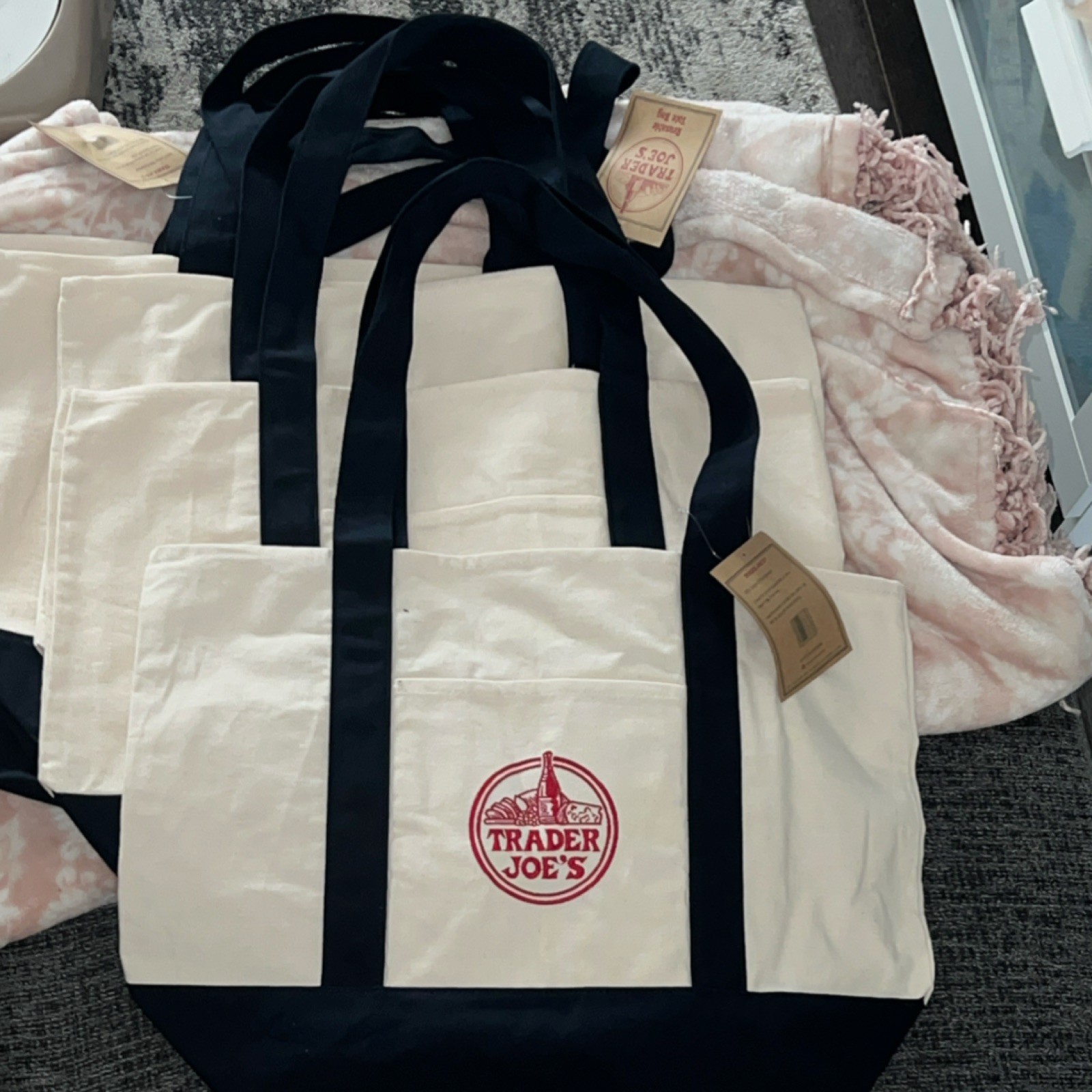 Trader Joe’s Foldable Reusable Shopping Bag White Black Solid Tote with Logo