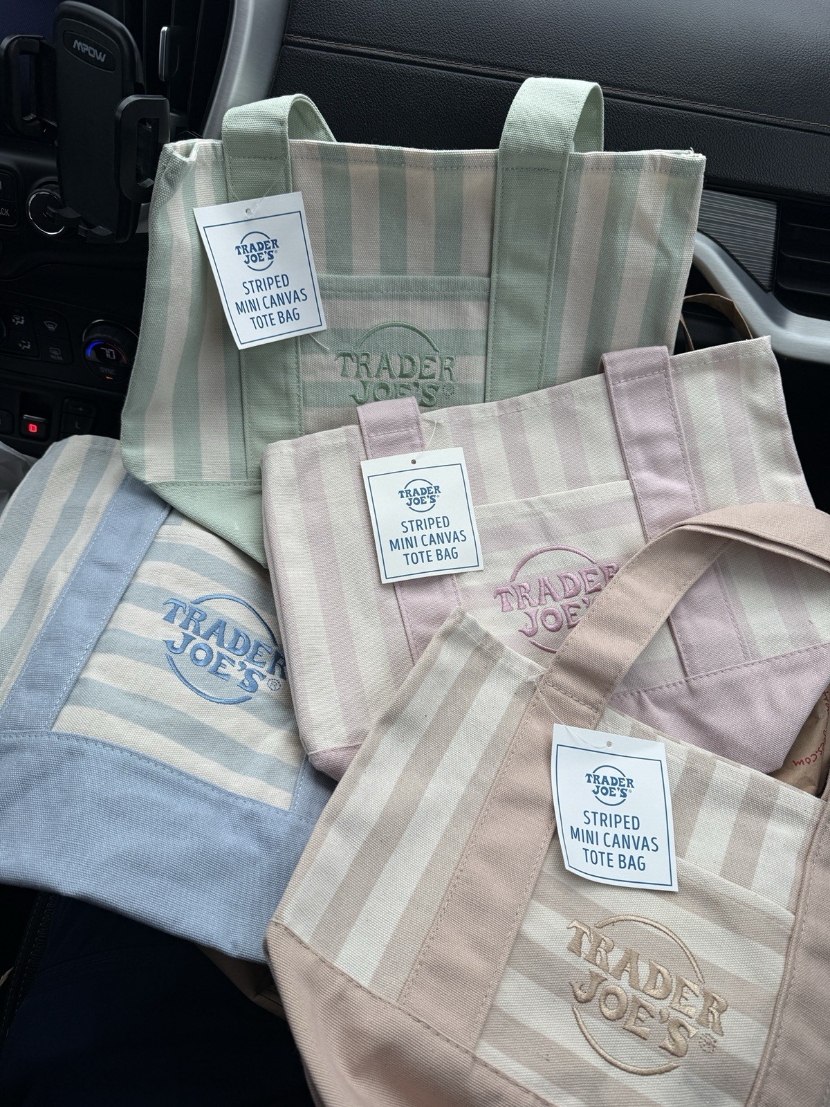 TRADER JOE’S MINI PASTEL STRIPE CANVAS TOTE BAGS SET Of 4 PINK BLUE GREEN BEIGE