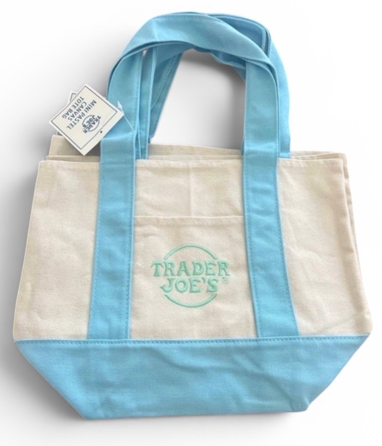Trader Joes Mini Tote Bag Baby Blue Canvas Pastel Pocket Cotton Embroidered NWT