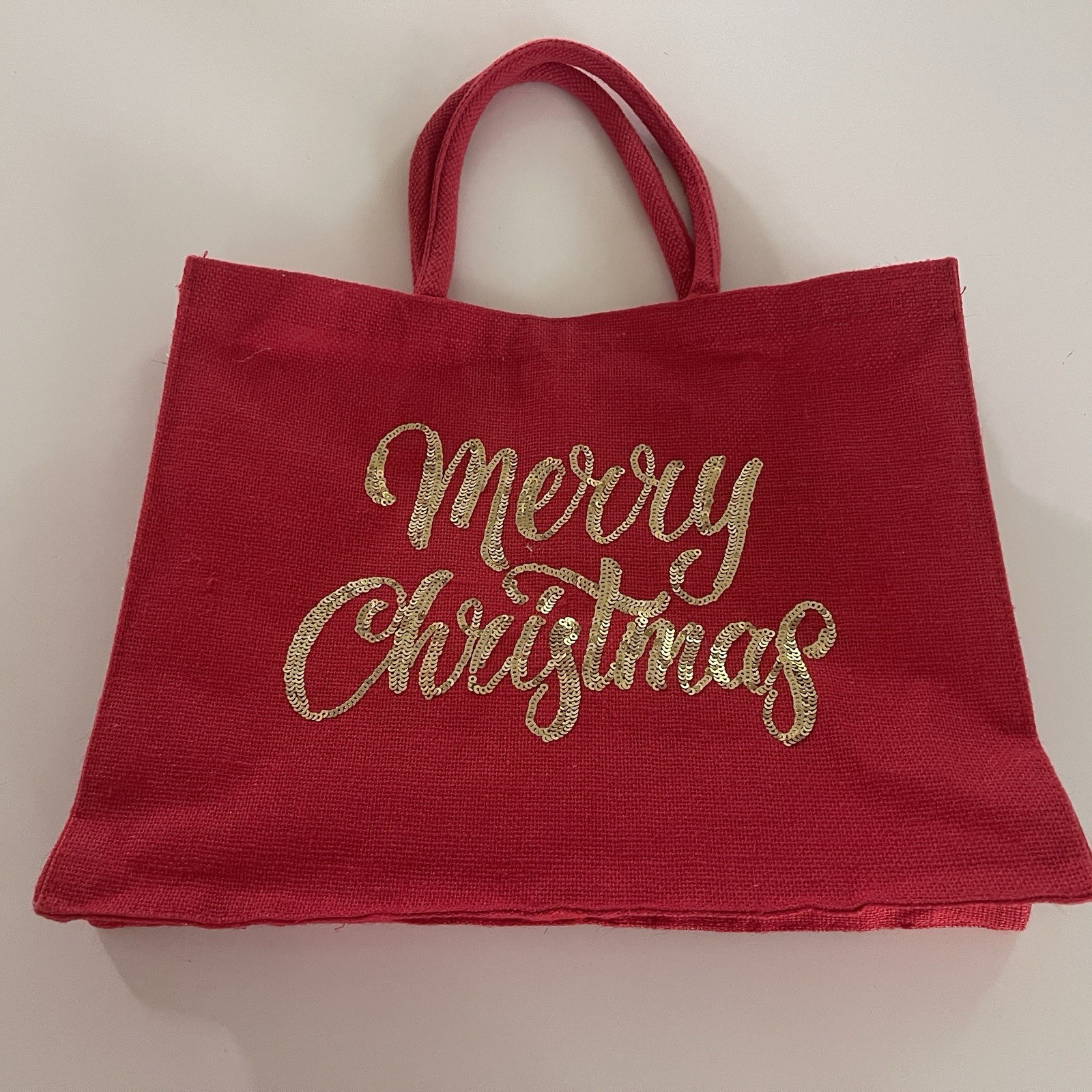 Merry Christmas Red Tote Bag Burlap Woven Jute Gold Sequins