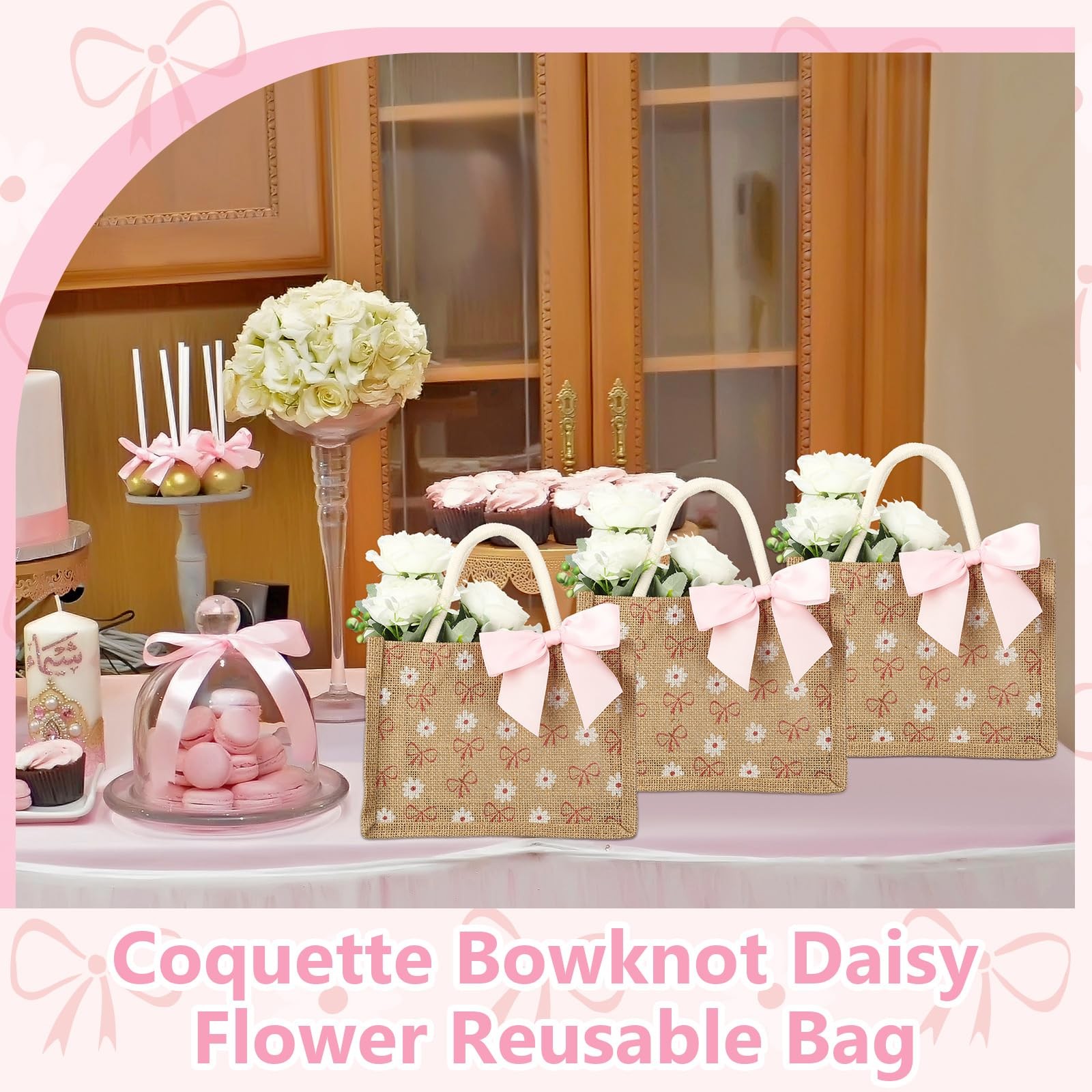 12 Pcs Coquette Bow Burlap Tote Bags with Handle Set, Daisy Flower Reusable B…