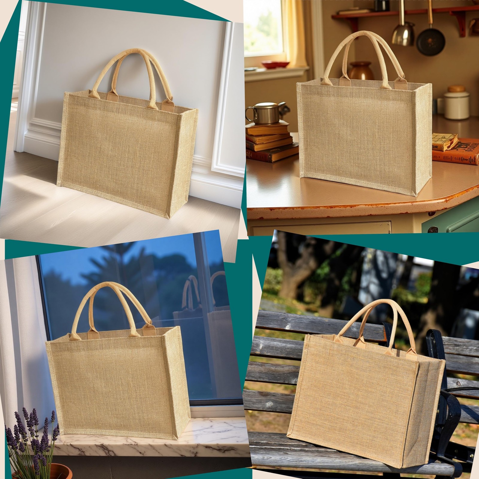 15pcs Reusable burlap tote bags Natural Jute handbags with Waterproof Liner f…