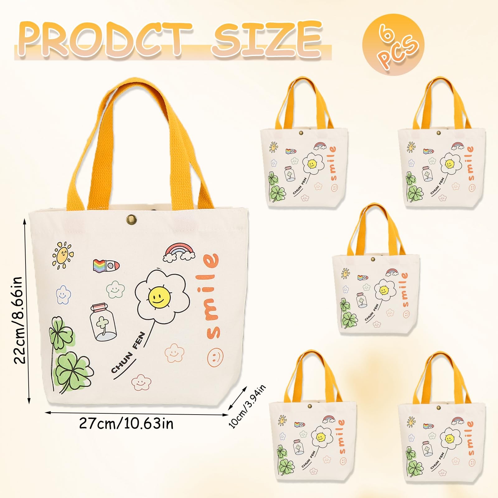 6PCS Small Canvas Tote Bags 9″x11″ Canvas Handbag Lunch Bags for Women Cute M…