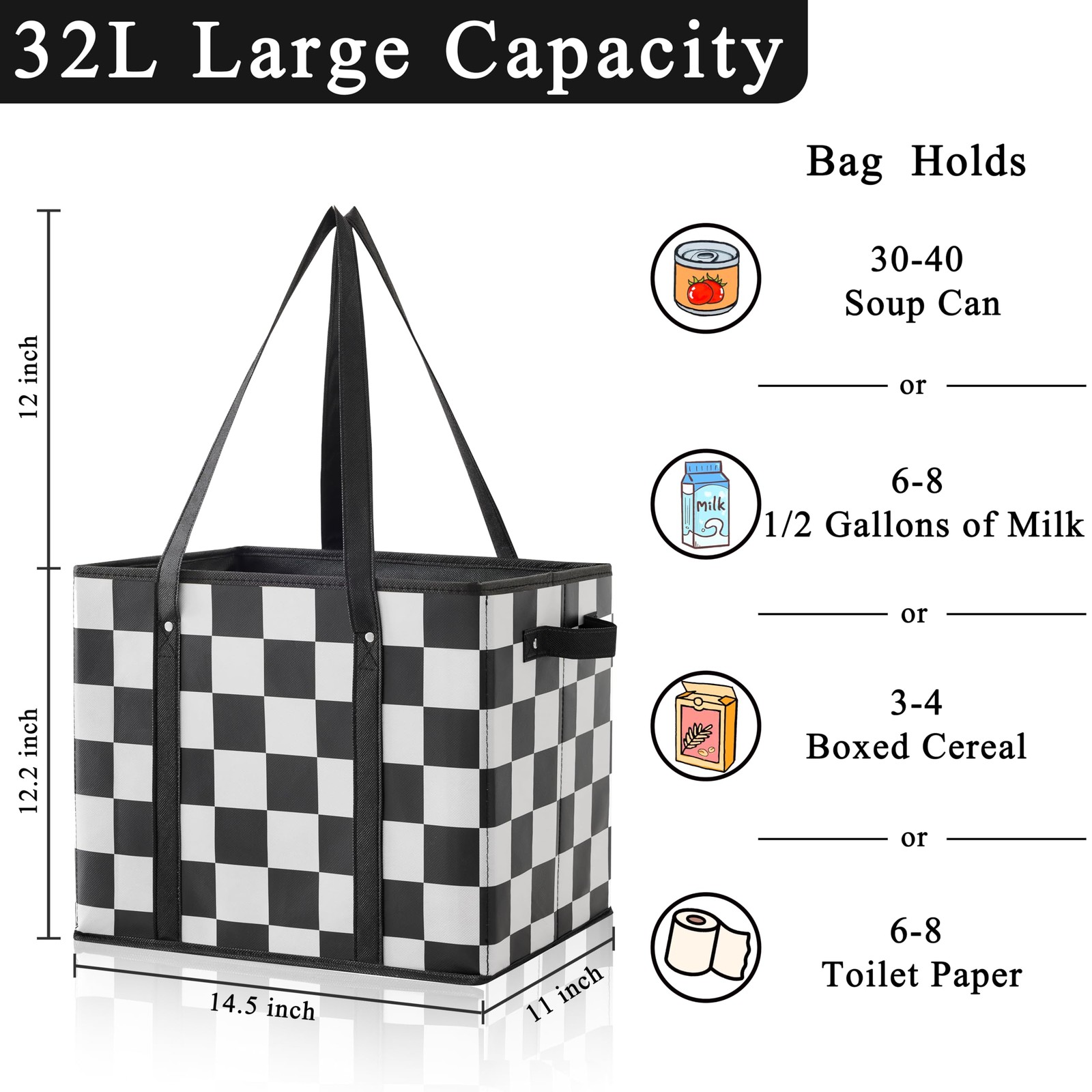 Checkered Reusable Grocery Bags Heavy Duty Black and White Checkerboard 3 Pac…