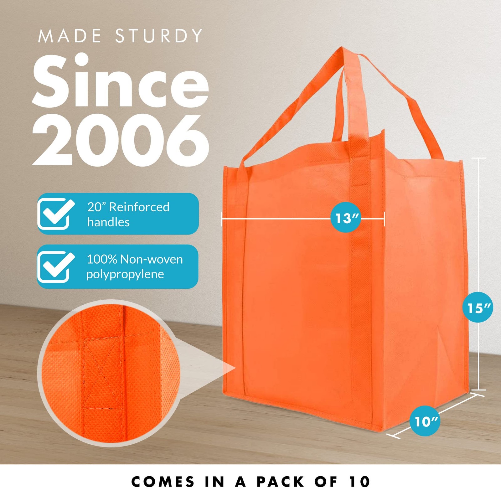 10 Pack Reusable Grocery Bags, Orange, 13x15x10, Wide Tote, 20-Inch Handle
