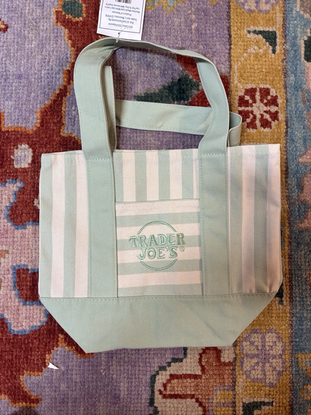 Trader Joe’s Reusable Mini Canvas Tote Bag Green/White Stripe 17x15x7 5 gal