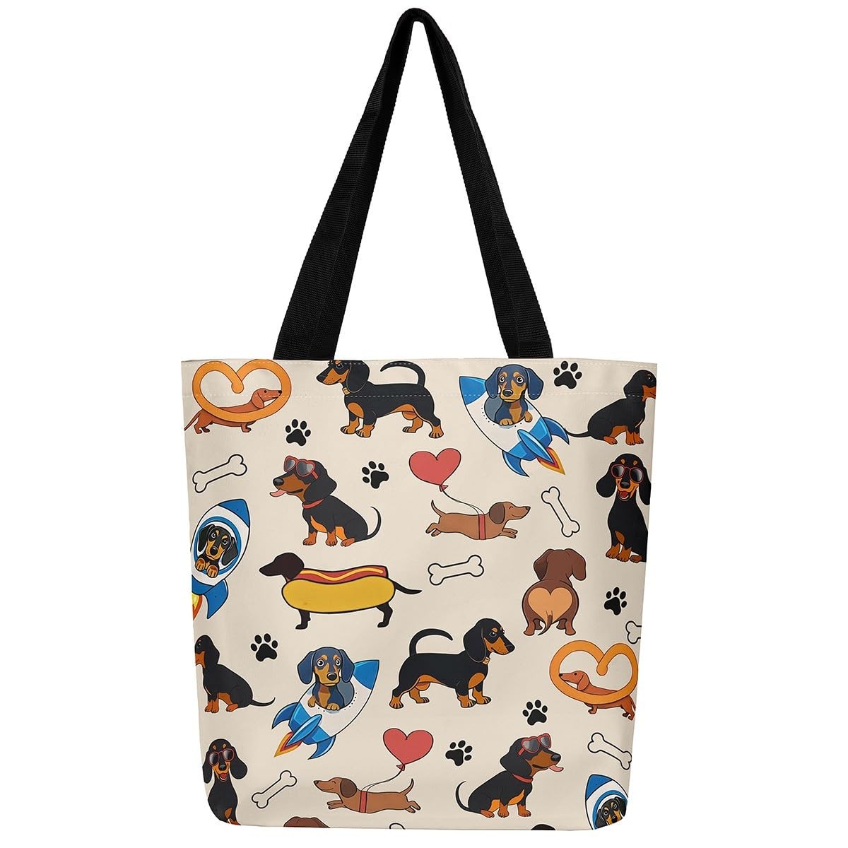 Kawaii Dachshund Canvas Tote Bag for Shopping Beach Gifts Bag,Cute Dogs Footp…