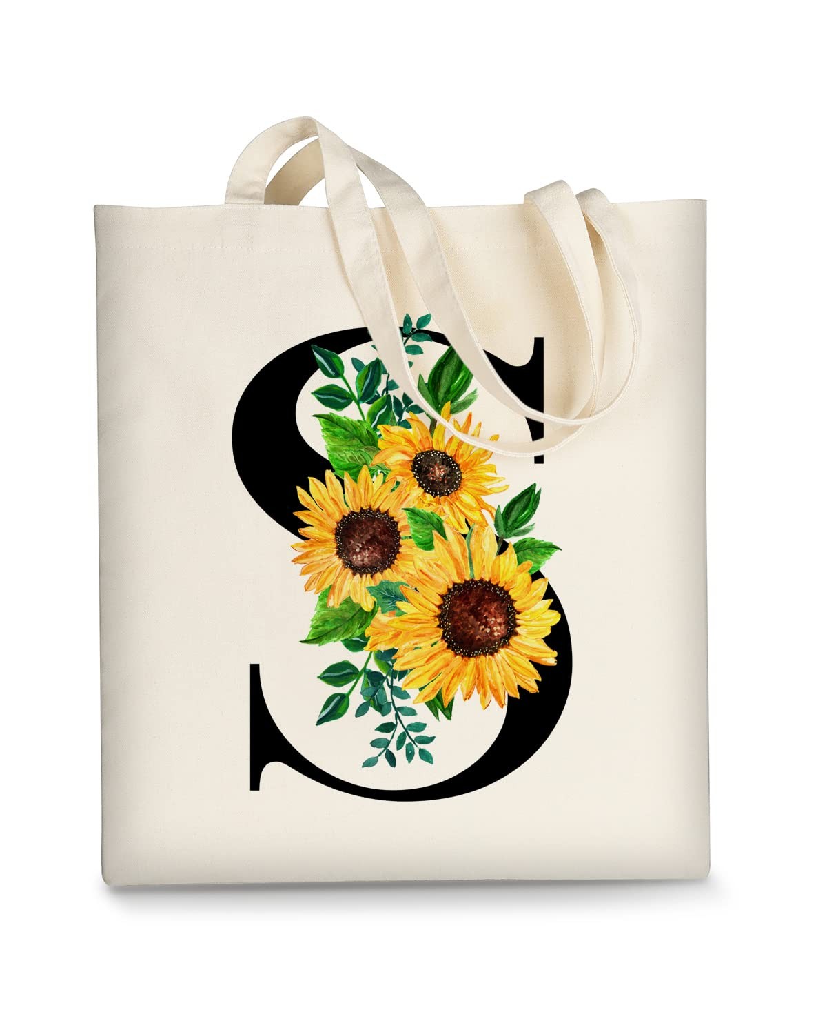 Canvas Tote Bag Aesthetic for Women, Cute Sunflower Initial Trendy Monogram P…