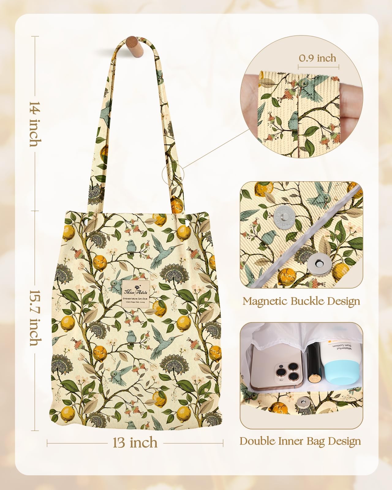 Corduroy Tote Bag for Women – Reusable Totes with Inner Pocket & Buckle Cute …