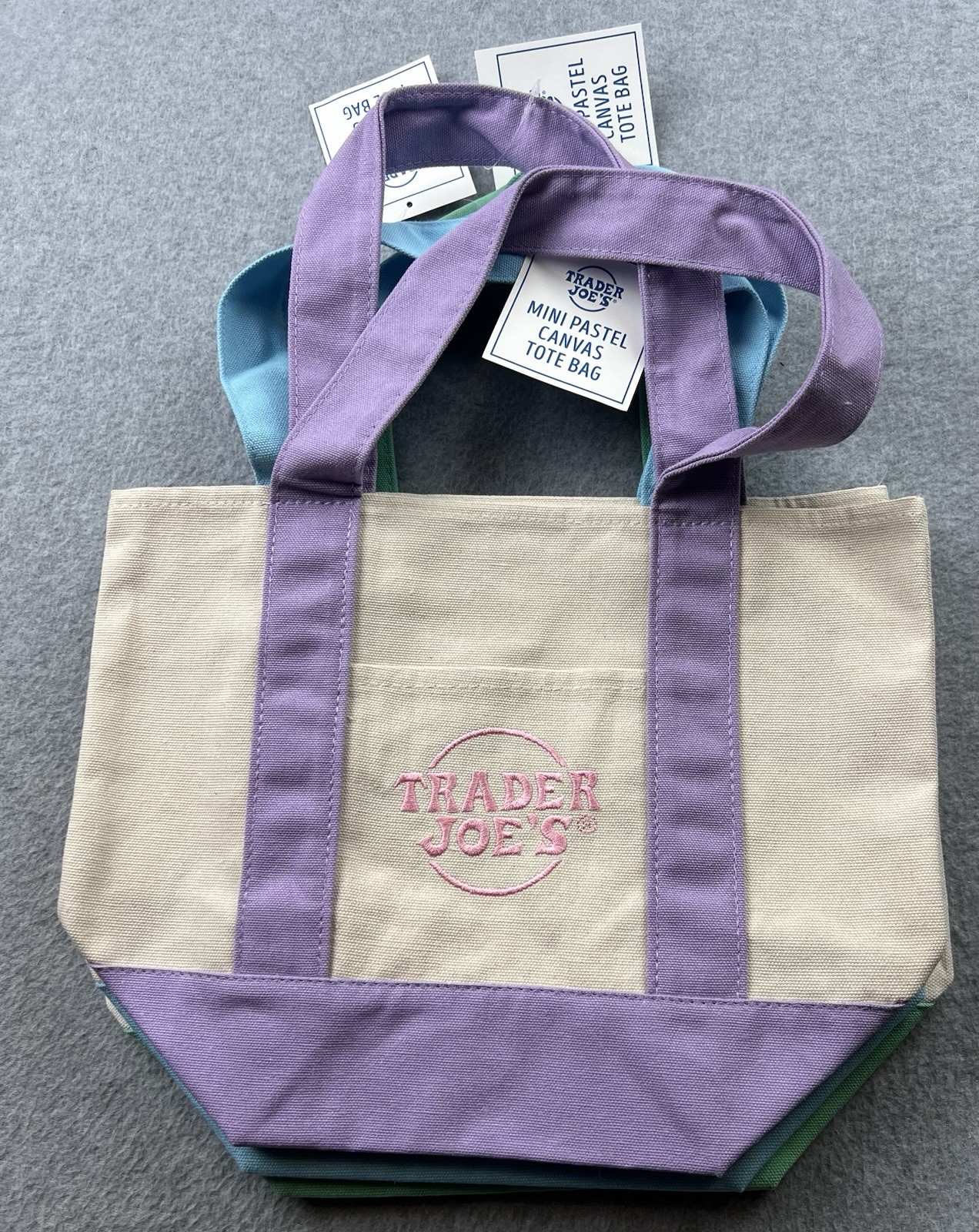 Set Of 3 Trader Joe’s Mini Pastel Canvas Tote Bag Purple,Green and Blue 2026 NWT
