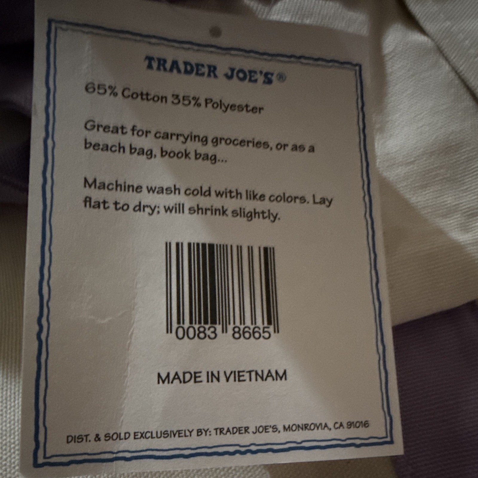 Trader Joe’s Large Canvas Tote Set 2 Beige/Purple Reusable Double Handles
