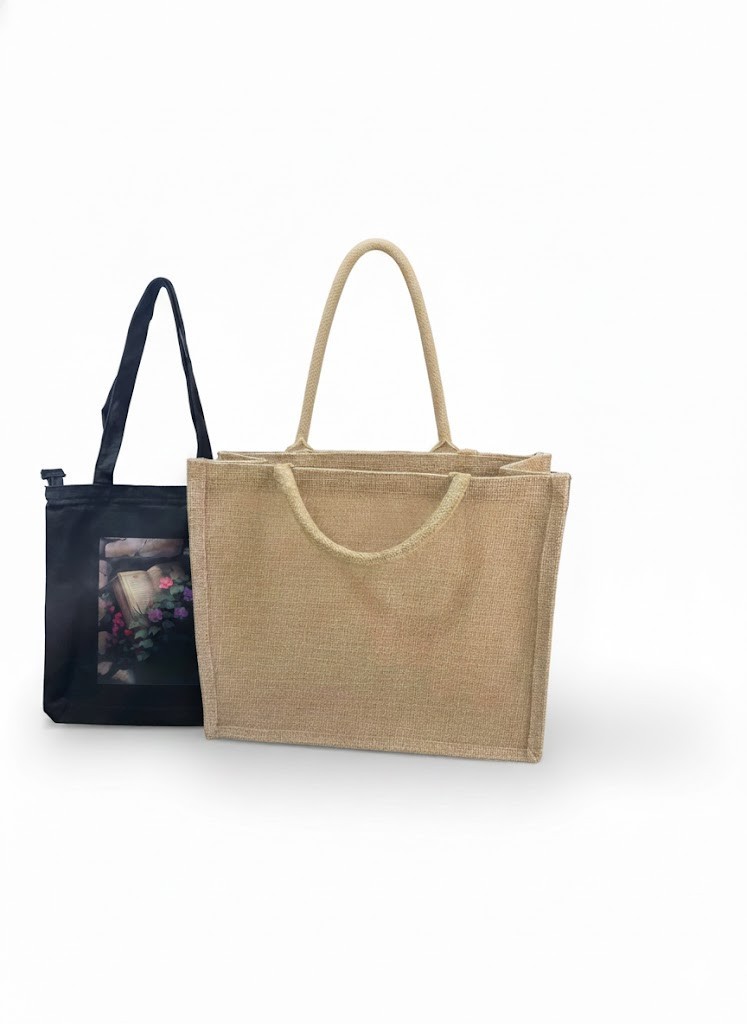 Jute & Cotton Canvas Tote Bag Combo Eco Friendly Reusable Shopping Bags (2 Pack)