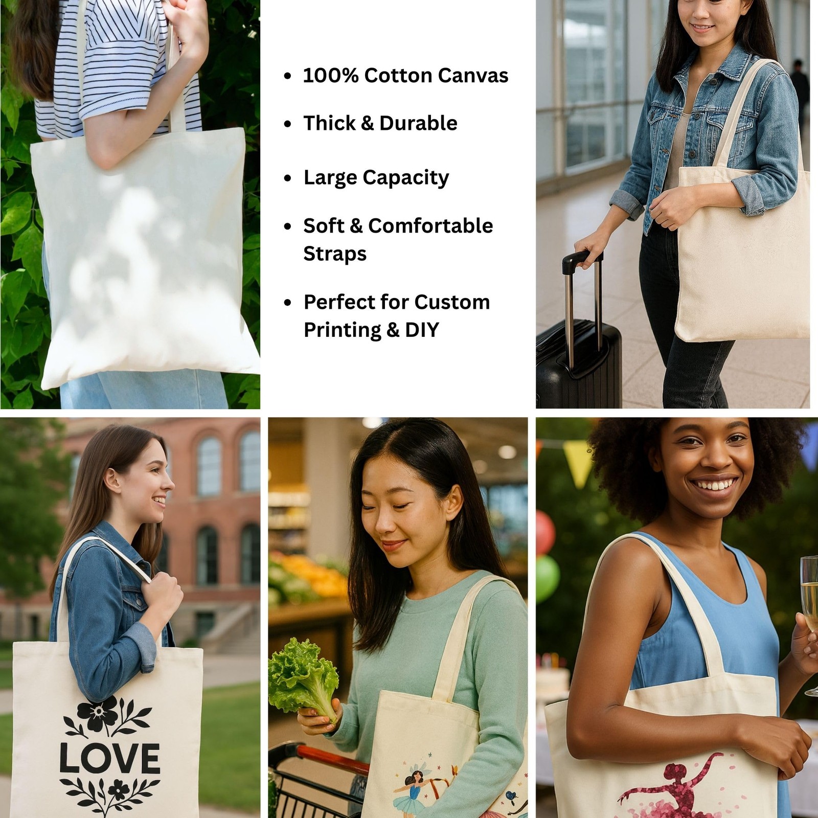 Reusable Canvas Tote Bags Lightweight Blank Grocery Bag for Shopping, Travel