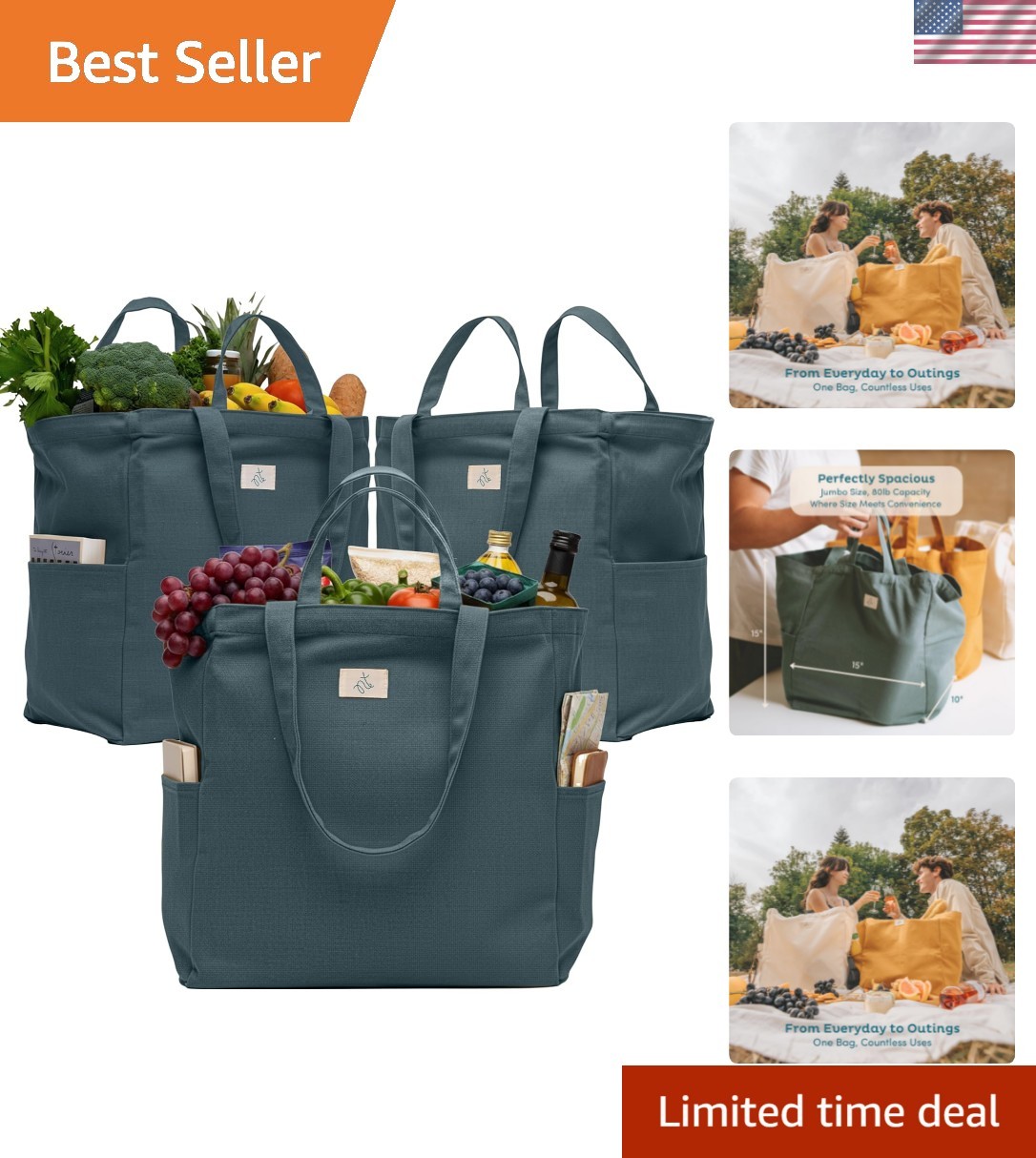 3-Pack Reusable Grocery Bags – Heavy Duty, Large 12 Oz Cotton Canvas Reusable…