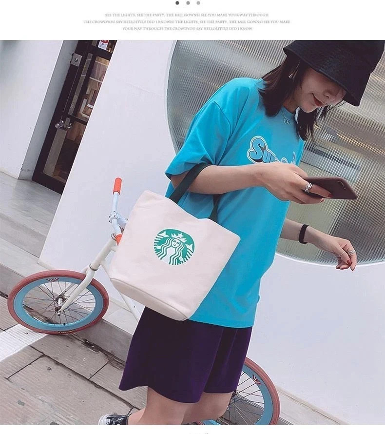 Starbucks Large Canvas Tote Bag with Green Handles – Reusable Daily Bag white