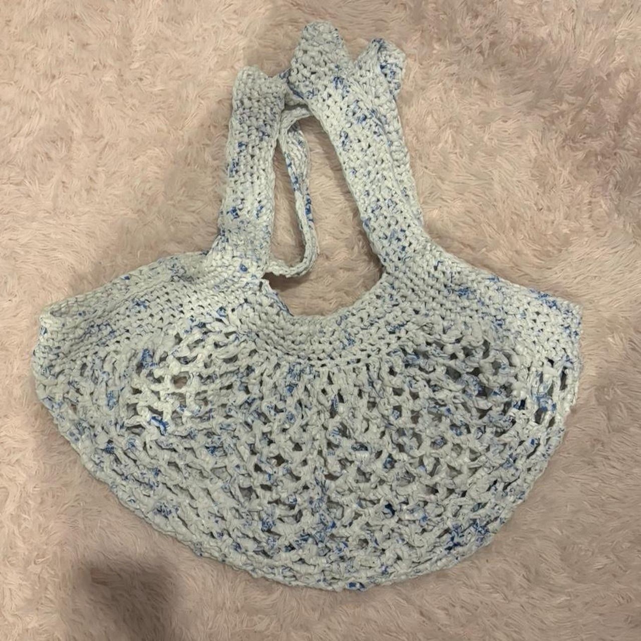 White and Blue Handmade Crochet Plarn Reusable Shopping Bag