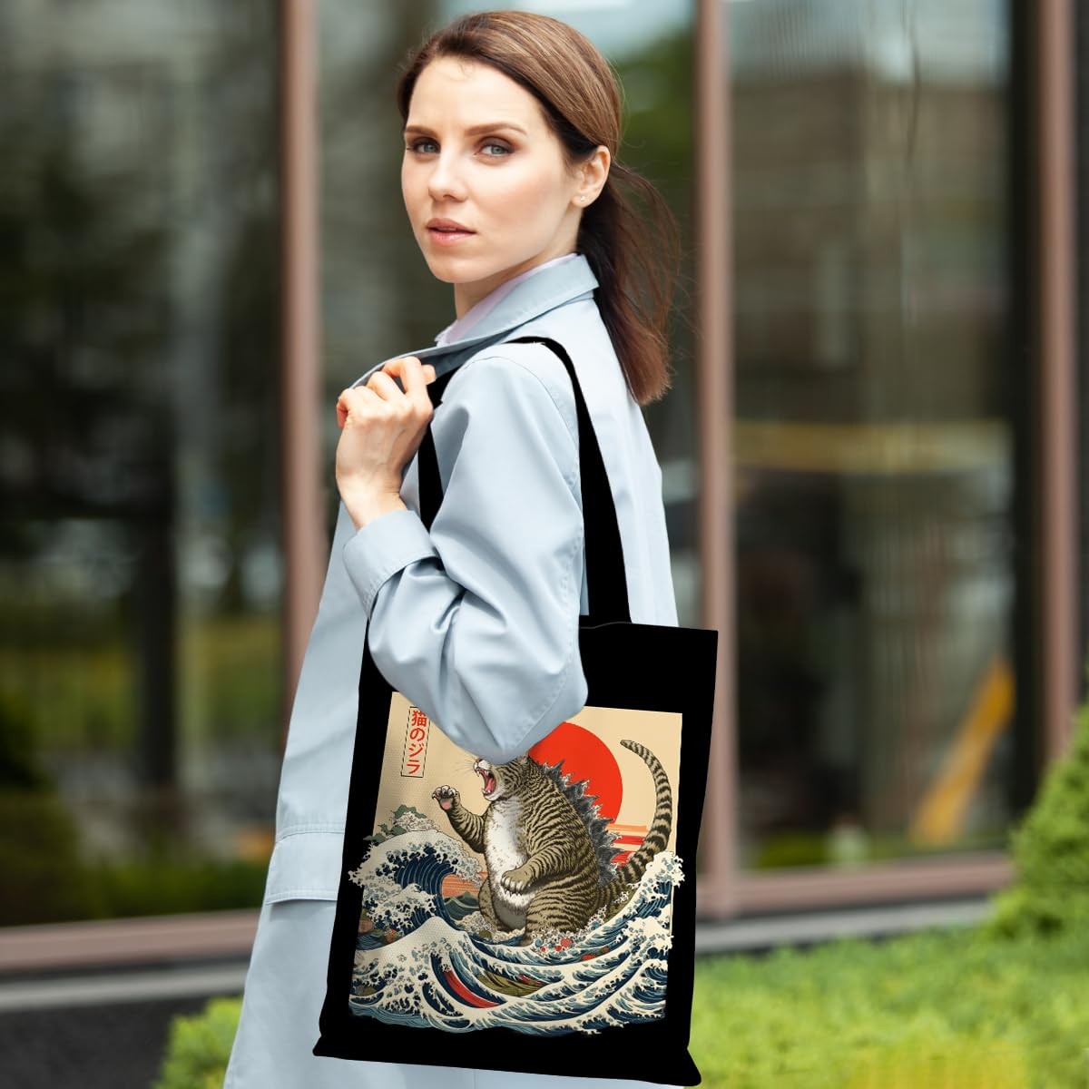 Catzilla Cat Tote Bag, Japanese Art Funny Cats in Waves Portable Travel Beach…
