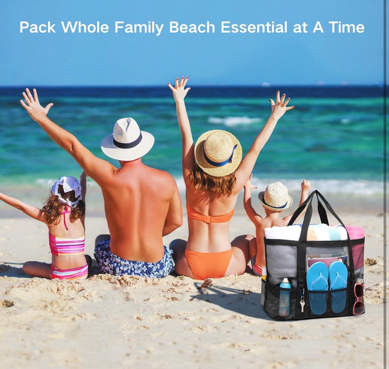F-color Mesh Beach Bag Family – Large Tote for 16.5″ x 15″ x 8.5″, Black – NEW