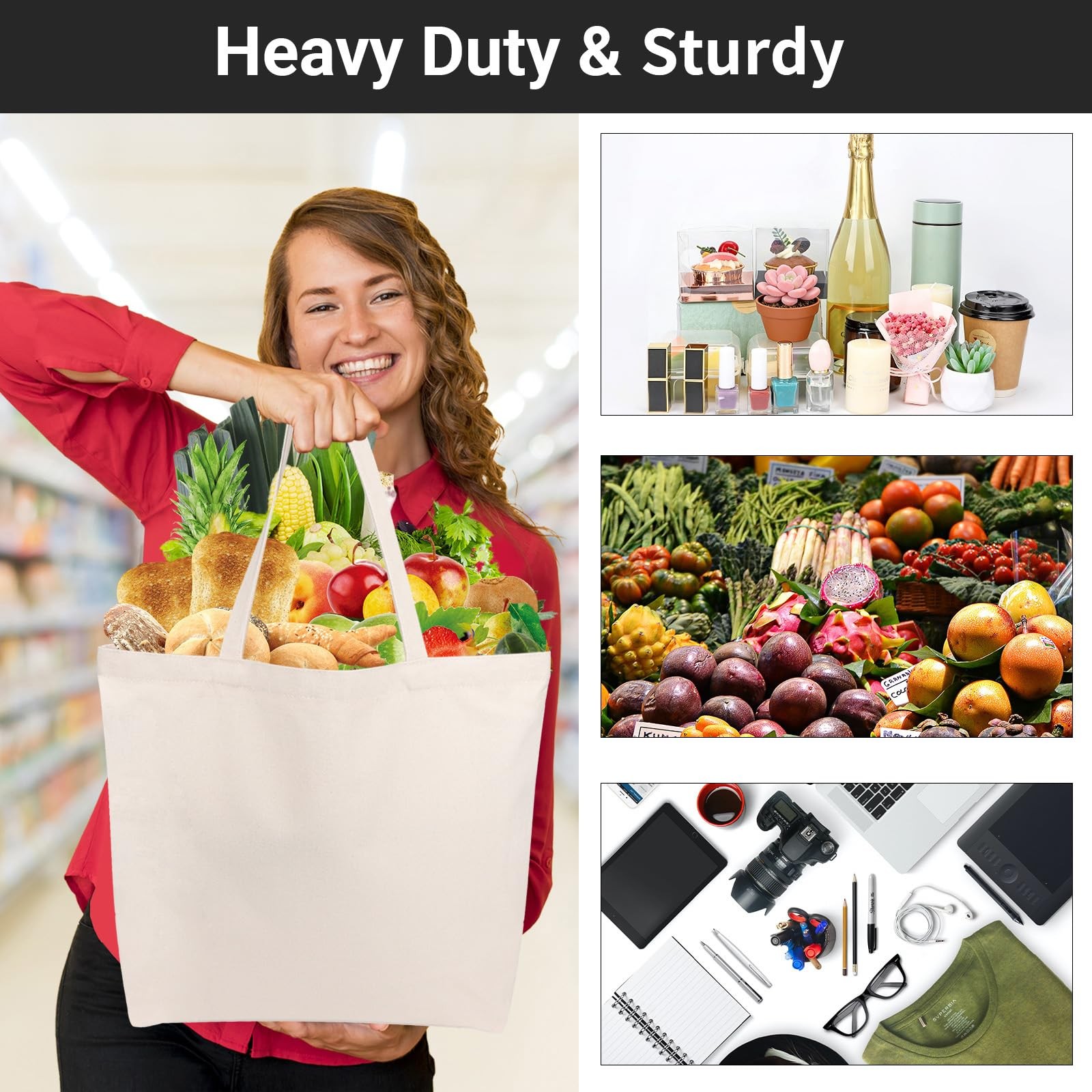 6 Pack Canvas Tote Bags with Zipper, 16×13 in Reusable Grocery Shopping Bags