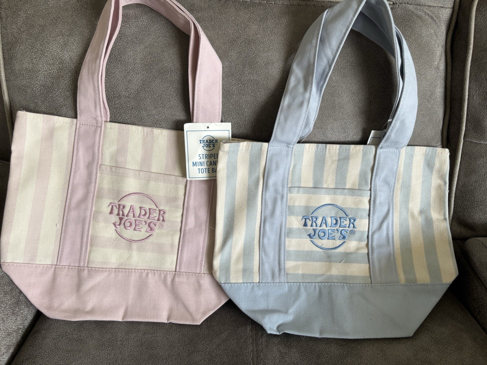 Trader Joe’s Pink and Blue Striped Mini Reusable Canvas Tote Bag BUNDLE OF 2