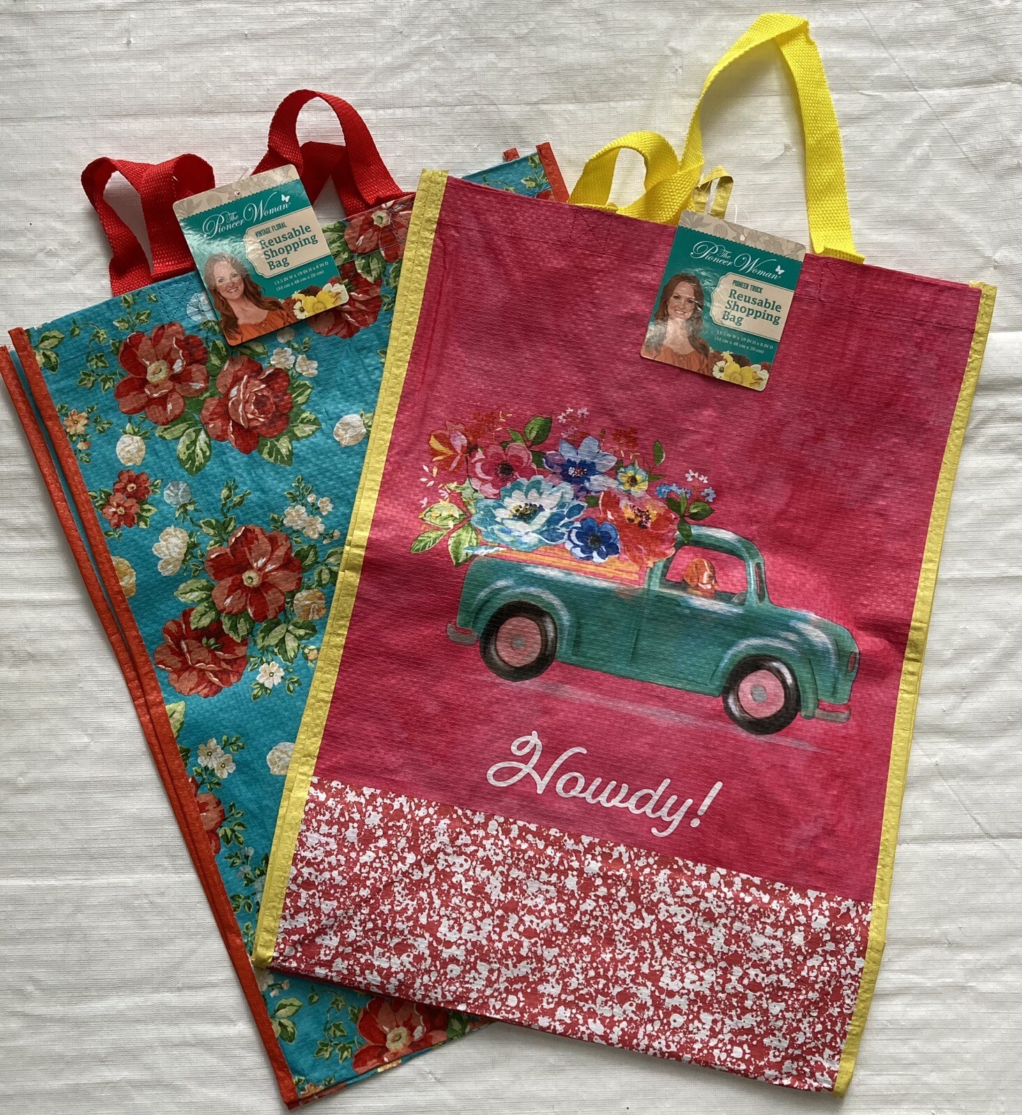 2 NEW Pioneer Woman Reusable Shopping Bags Vintage Floral & Howdy Truck 13.5×19