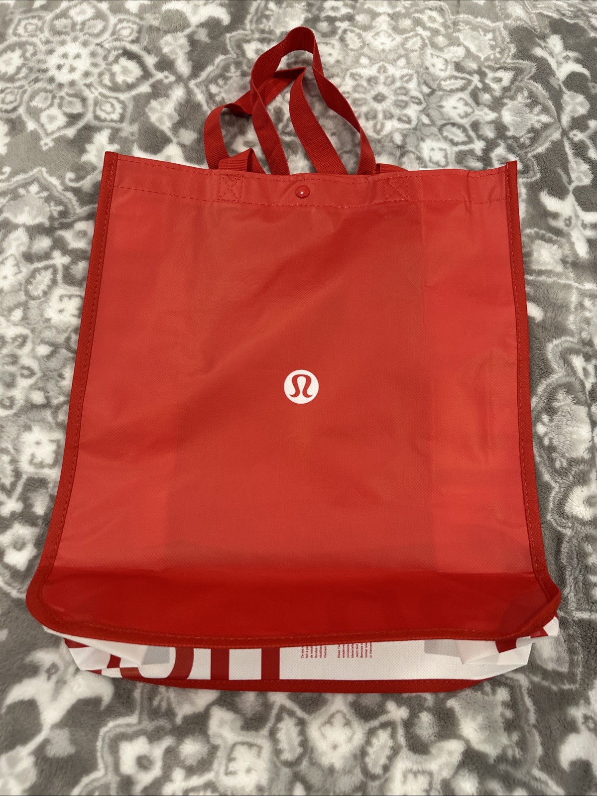 Lululemon Logo Reusable Shopping Bag Red White Sides Tote 14”x16” W/Snap New