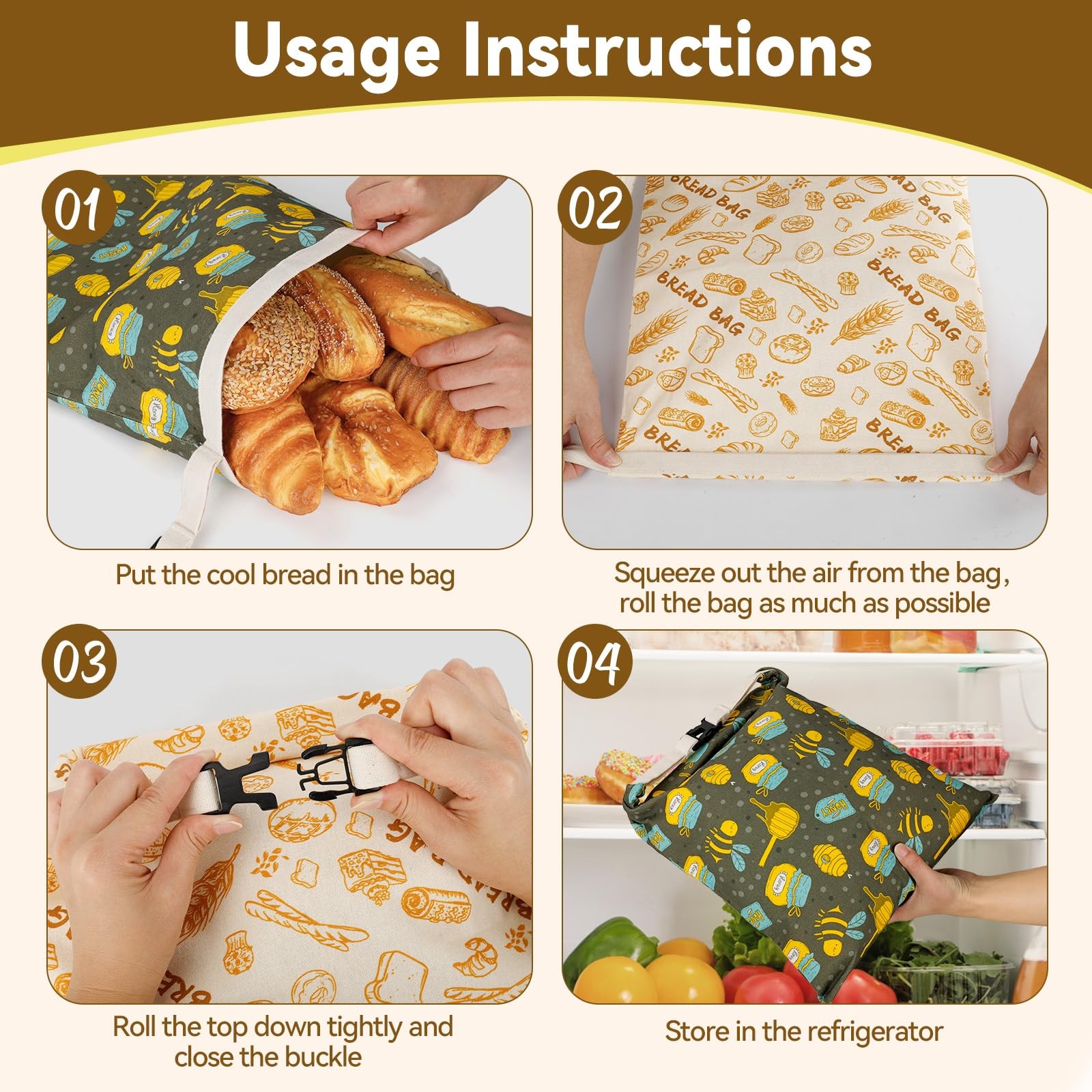 HAPYHOOM 2 Pack Natural Beeswax Bread Bags Large, Off white & Green