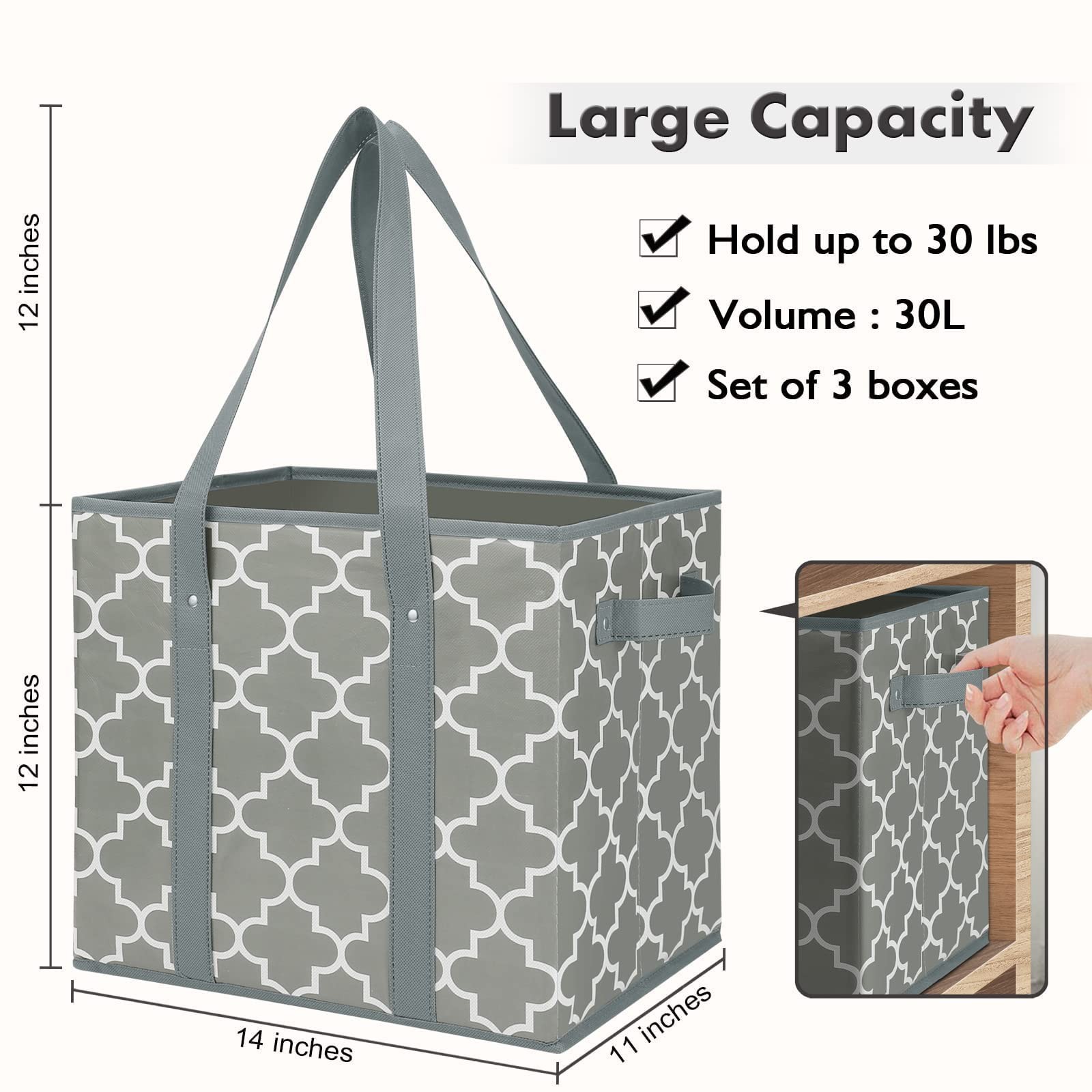 4 PCS Reusable Grocery Bags Foldable Washable Storage Bin Basket Utility Grey