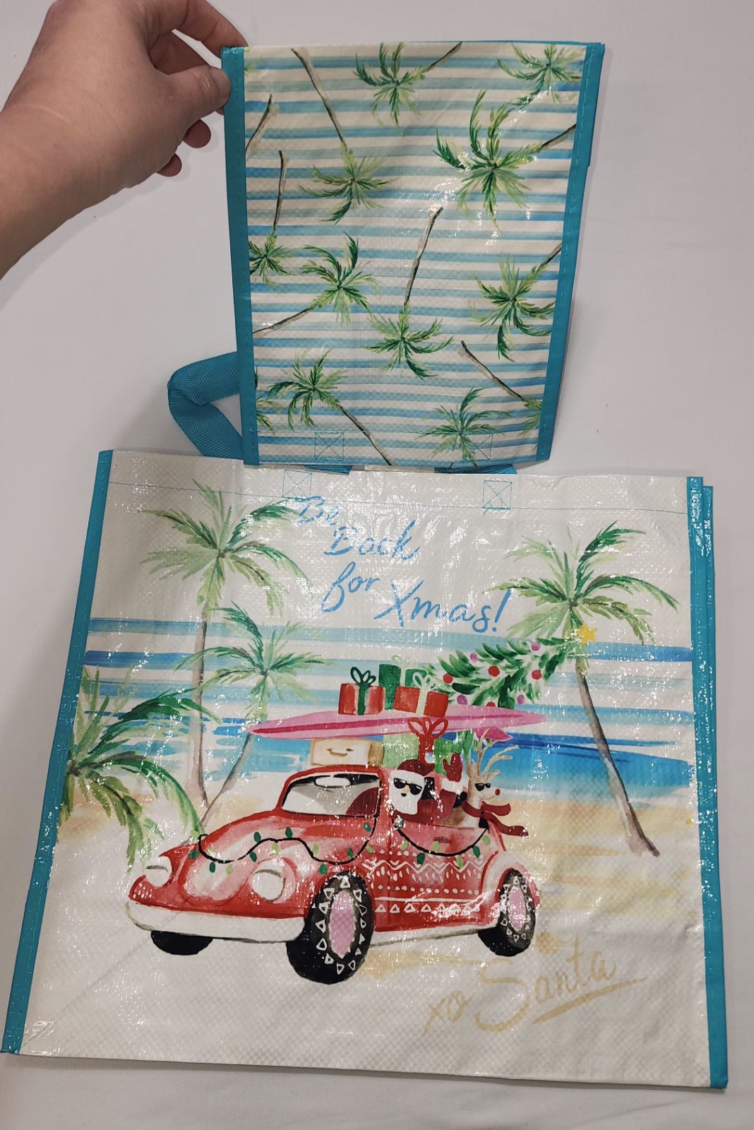 NEW 2 pack Reusable Tote Bags Eco Gift / Shopping Bag Christmas Palm Trees