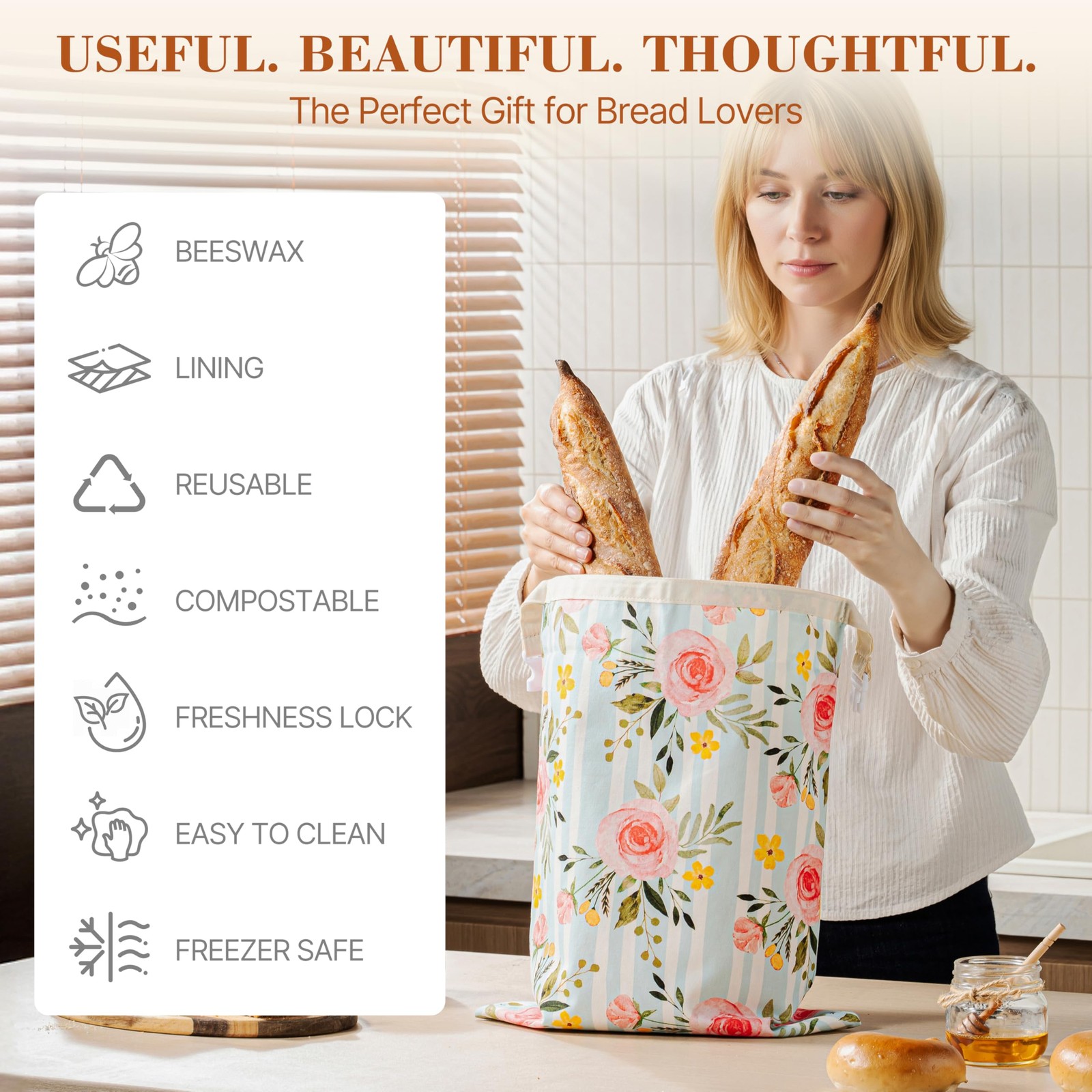 Augine Beeswax Bread Bag, 2 Pack 13 inches x 1 inch x 17 inches, Flower